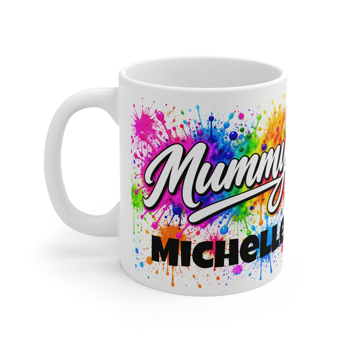 White personalised Mummy mug with colourful paint splatter design and custom name