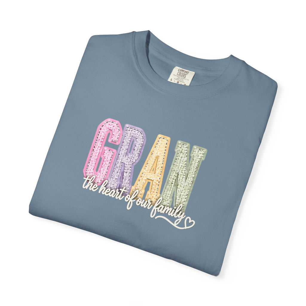 Gran Floral Script T-Shirt — "the heart of my family" Sage Garment-Dyed Tee