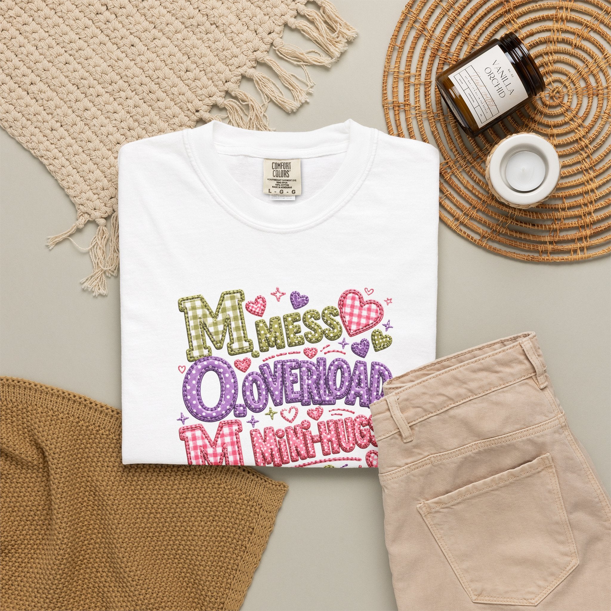 Mess, Overload, Mini-Hugs Hugs T-Shirt — Cute Hand-Lettered Mom Vibes Tee