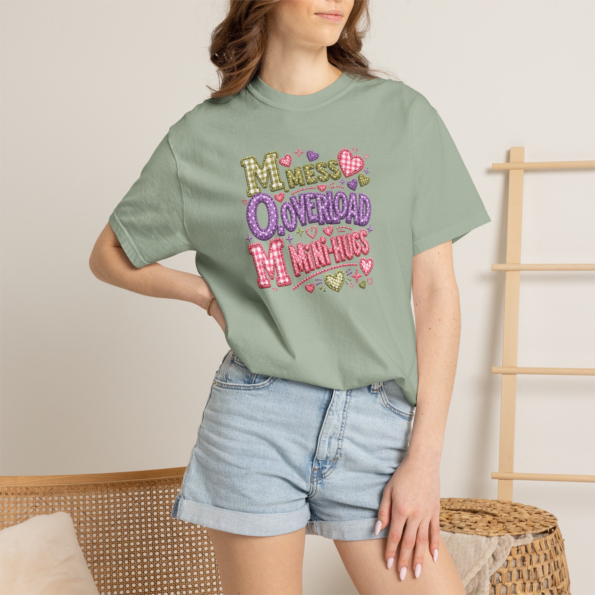 Mess, Overload, Mini-Hugs Hugs T-Shirt — Cute Hand-Lettered Mom Vibes Tee
