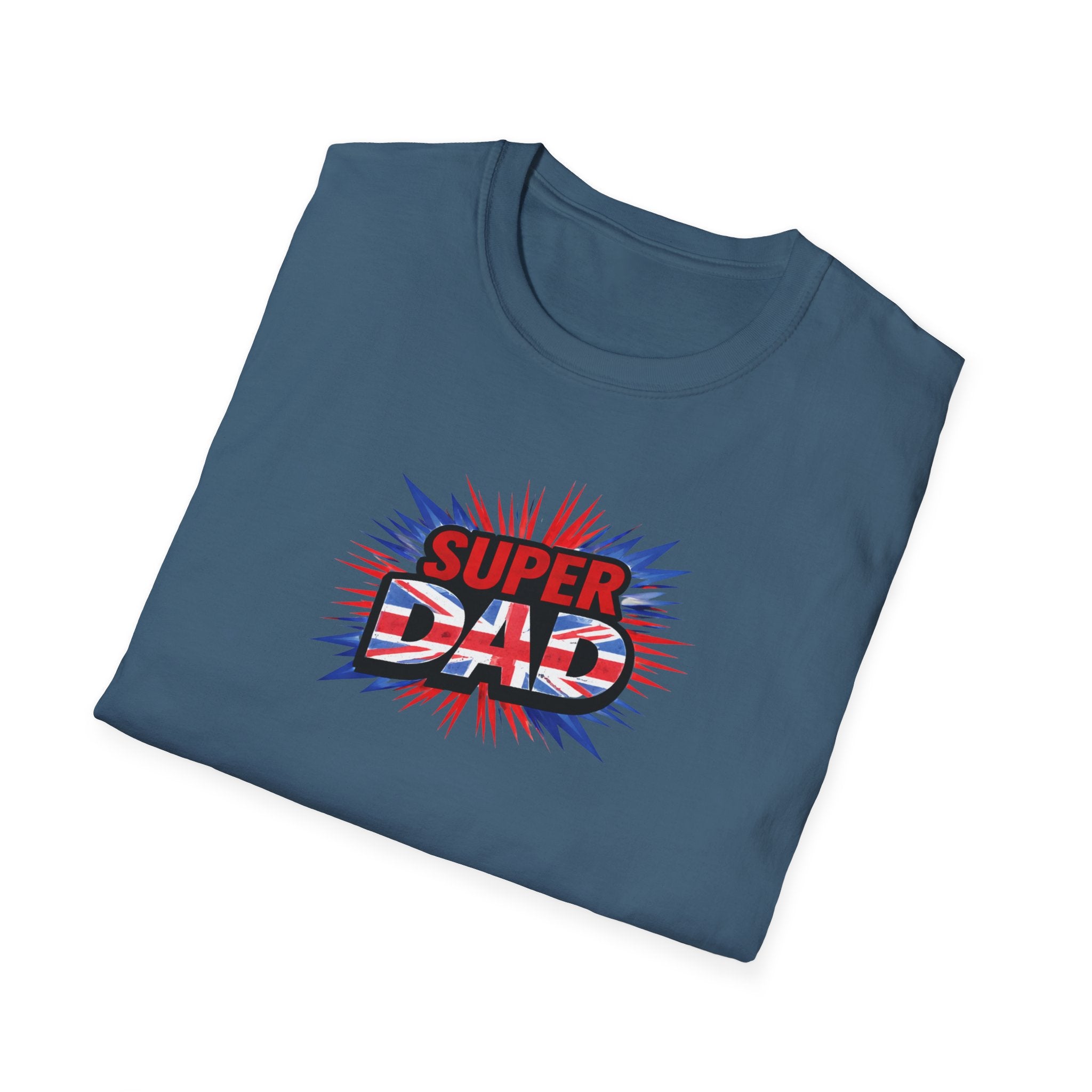 Super Dad T-Shirt – Union Jack Flag pattern Retro Comic Father’s Day Tee