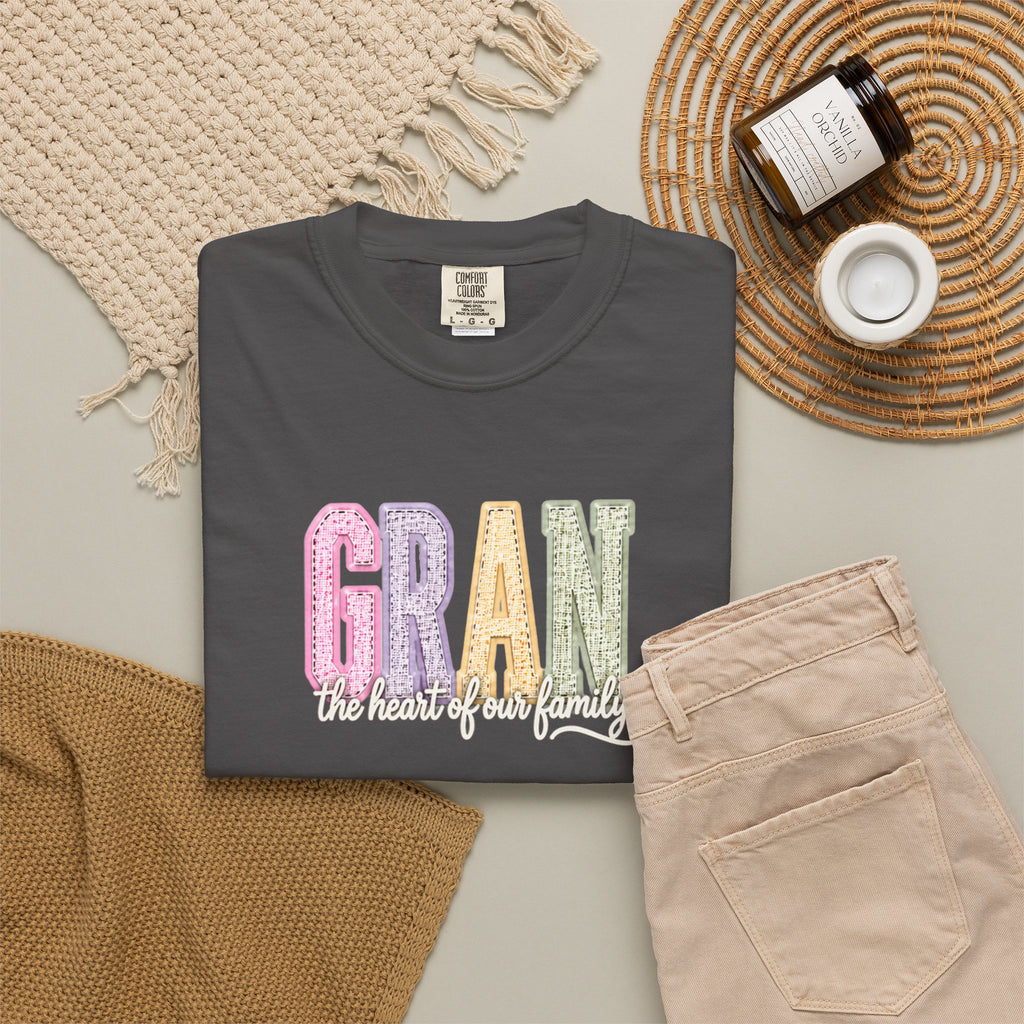 Gran Floral Script T-Shirt — "the heart of my family" Sage Garment-Dyed Tee