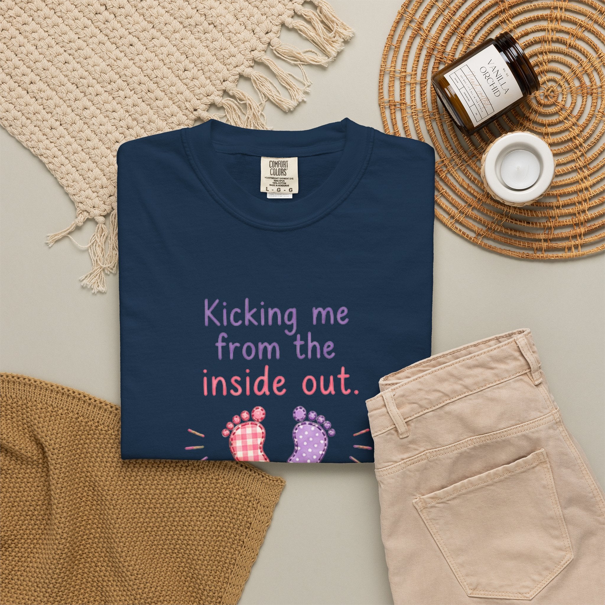 Pregnancy T-Shirt "Kicking Me From the Inside Out" — Cute Baby Footprint Maternity Tee