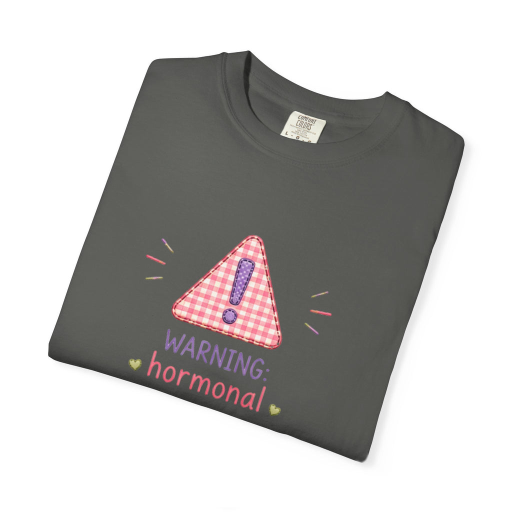 T-Shirt — "Warning: Hormonal" Cute Pink Gingham Alert Graphic