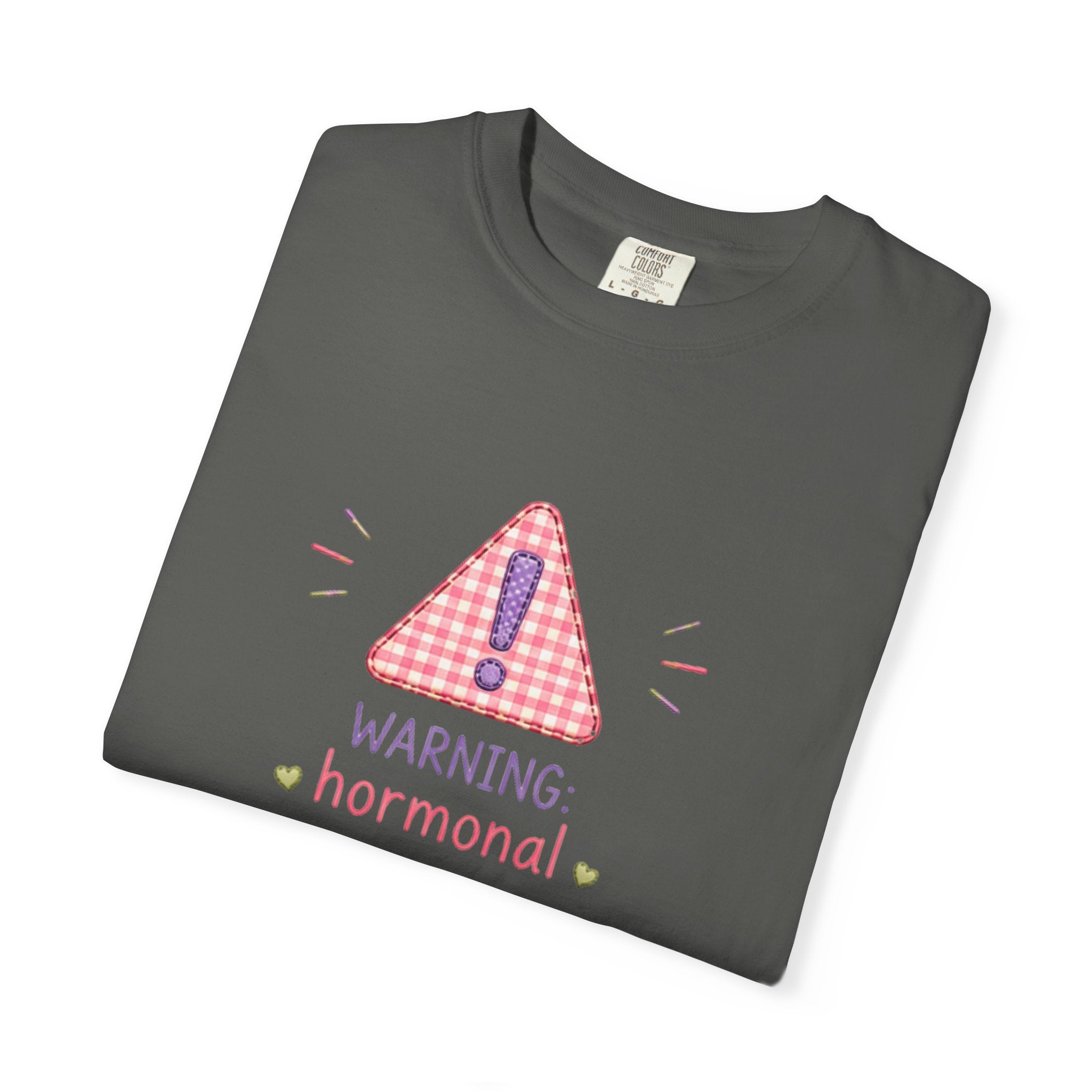T-Shirt — "Warning: Hormonal" Cute Pink Gingham Alert Graphic