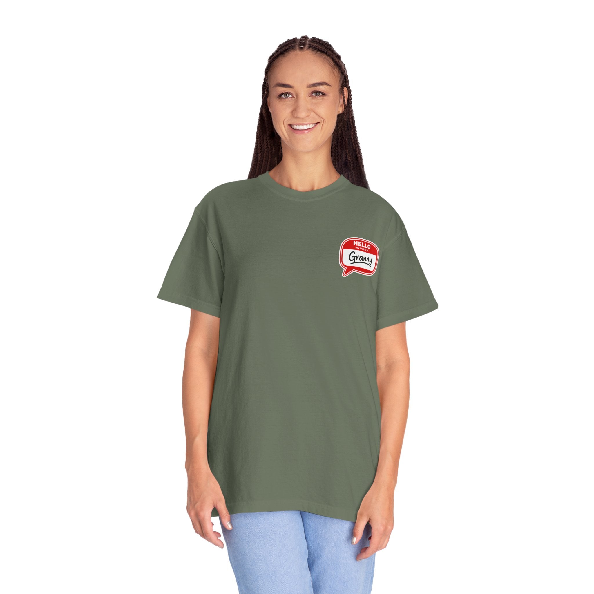T-Shirt — "Hello Granny" Retro Name Tag Tee