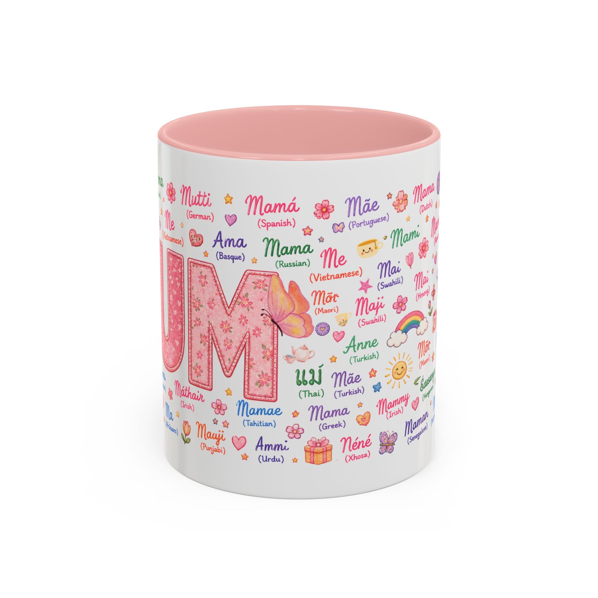 MUM Multilingual Accent Coffee Mug – 'Mum' in Many Languages, Pink Interior (11/15oz)