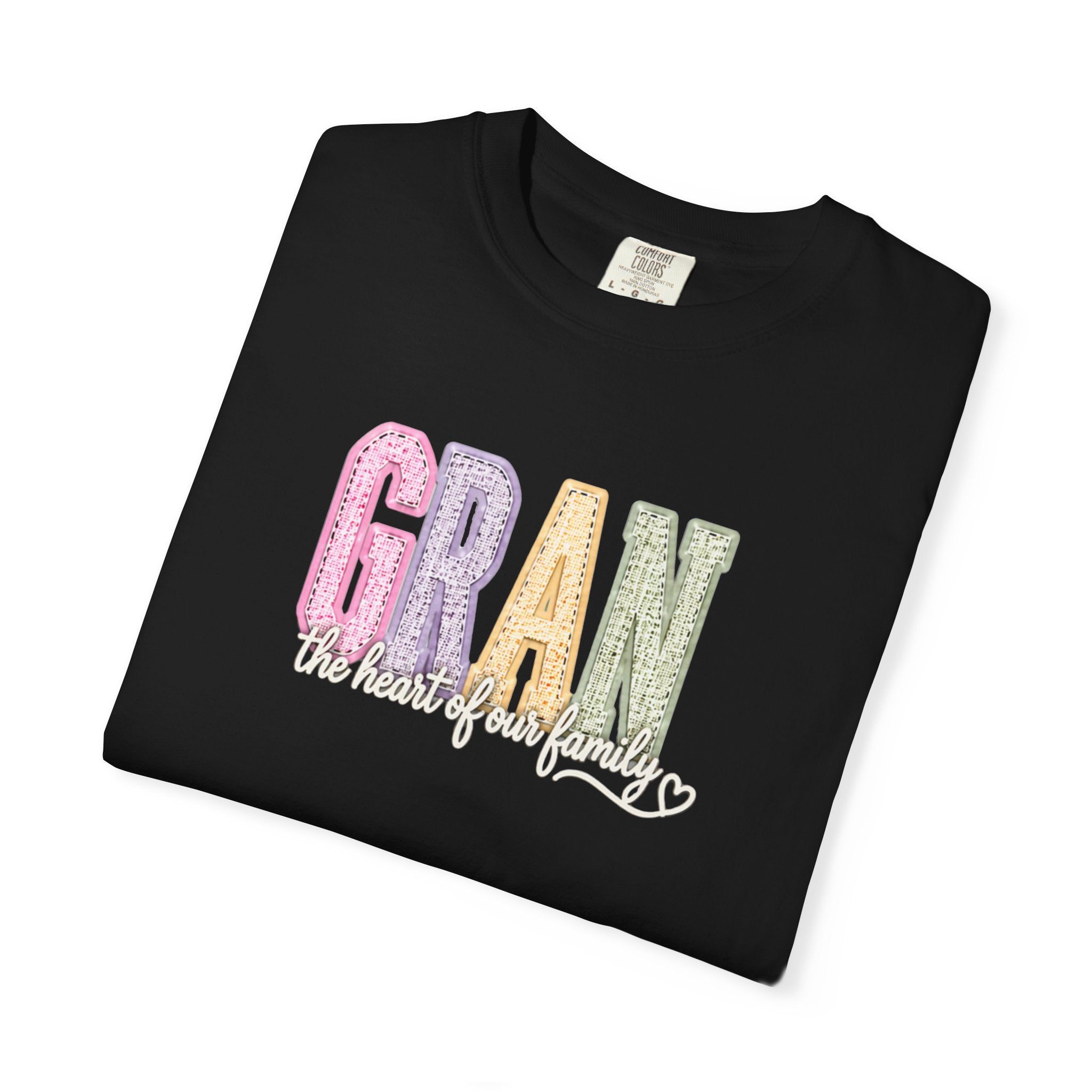 Gran Floral Script T-Shirt — "the heart of my family" Sage Garment-Dyed Tee