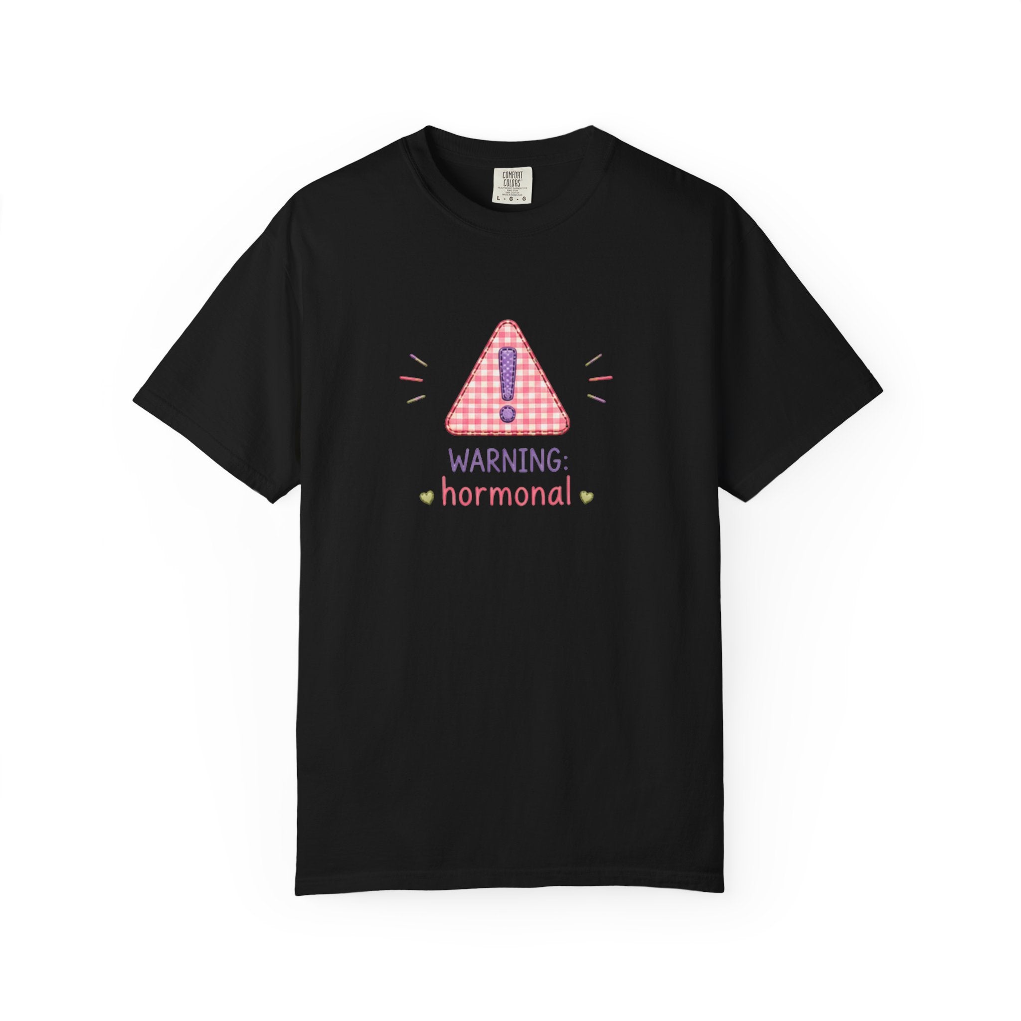 T-Shirt — "Warning: Hormonal" Cute Pink Gingham Alert Graphic