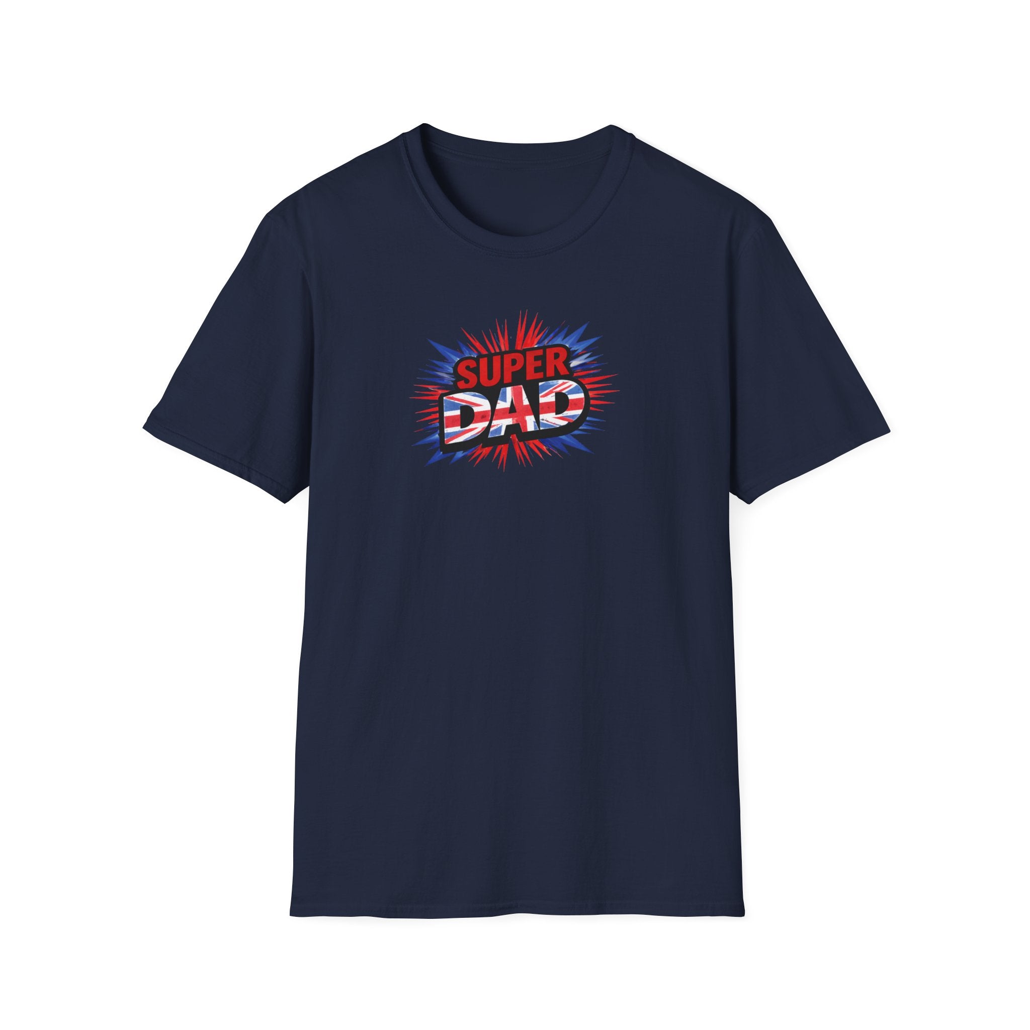 Super Dad T-Shirt – Union Jack Flag pattern Retro Comic Father’s Day Tee