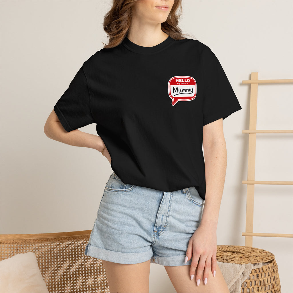 T-Shirt — "Hello Mummy" Retro Name-Tag Graphic