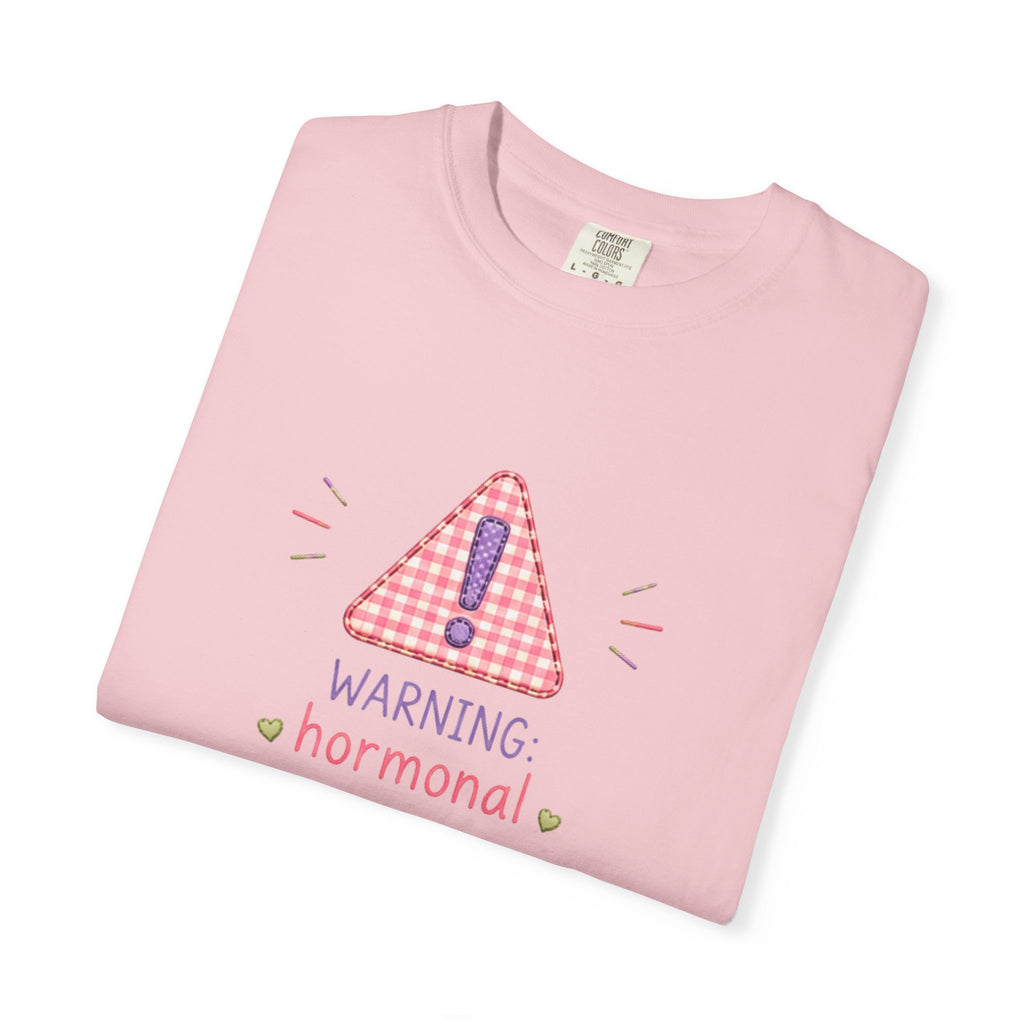 T-Shirt — "Warning: Hormonal" Cute Pink Gingham Alert Graphic