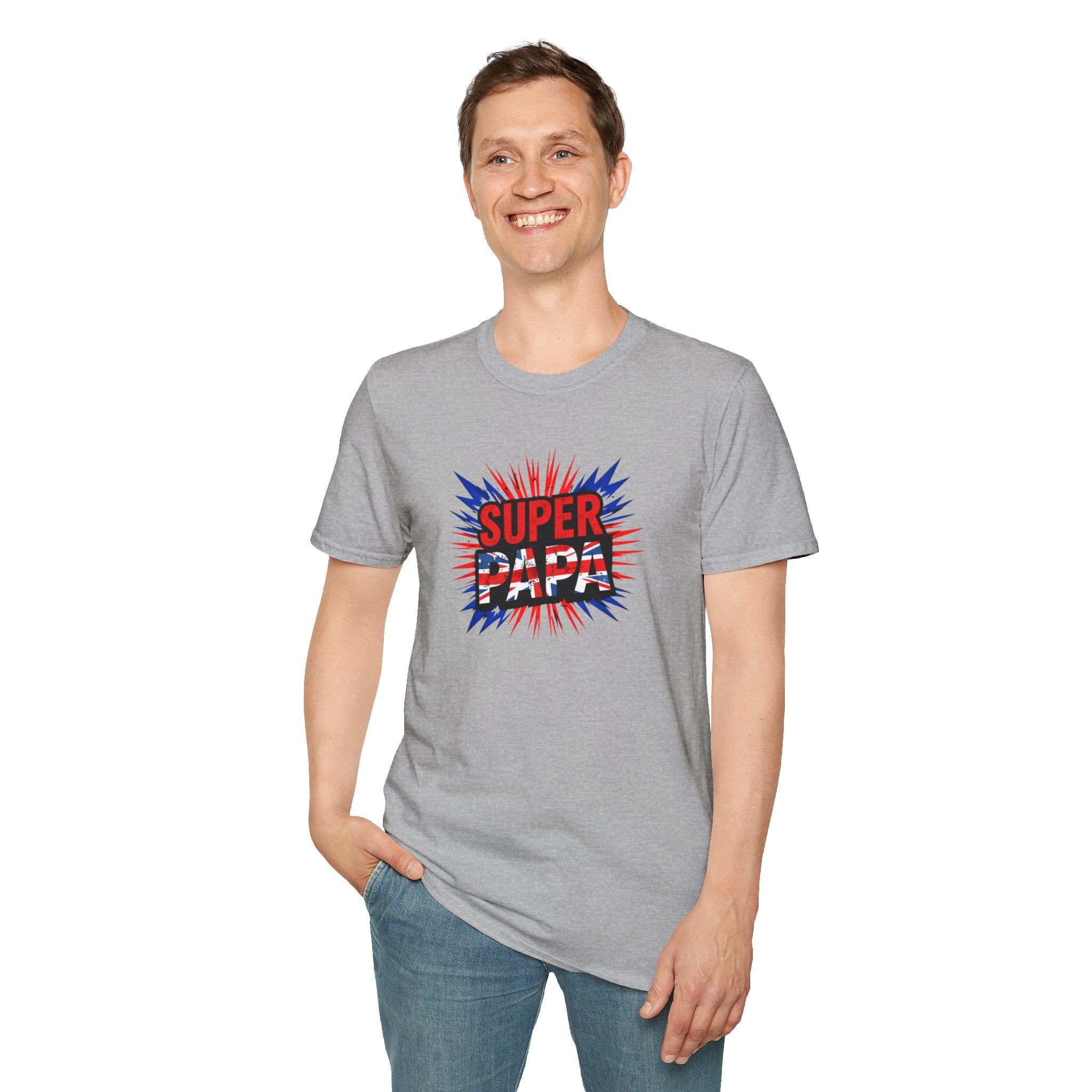 T-Shirt — "Super Papa" Union Jack/England themed Retro Comic Dad Shirt (Father's Day Gift)