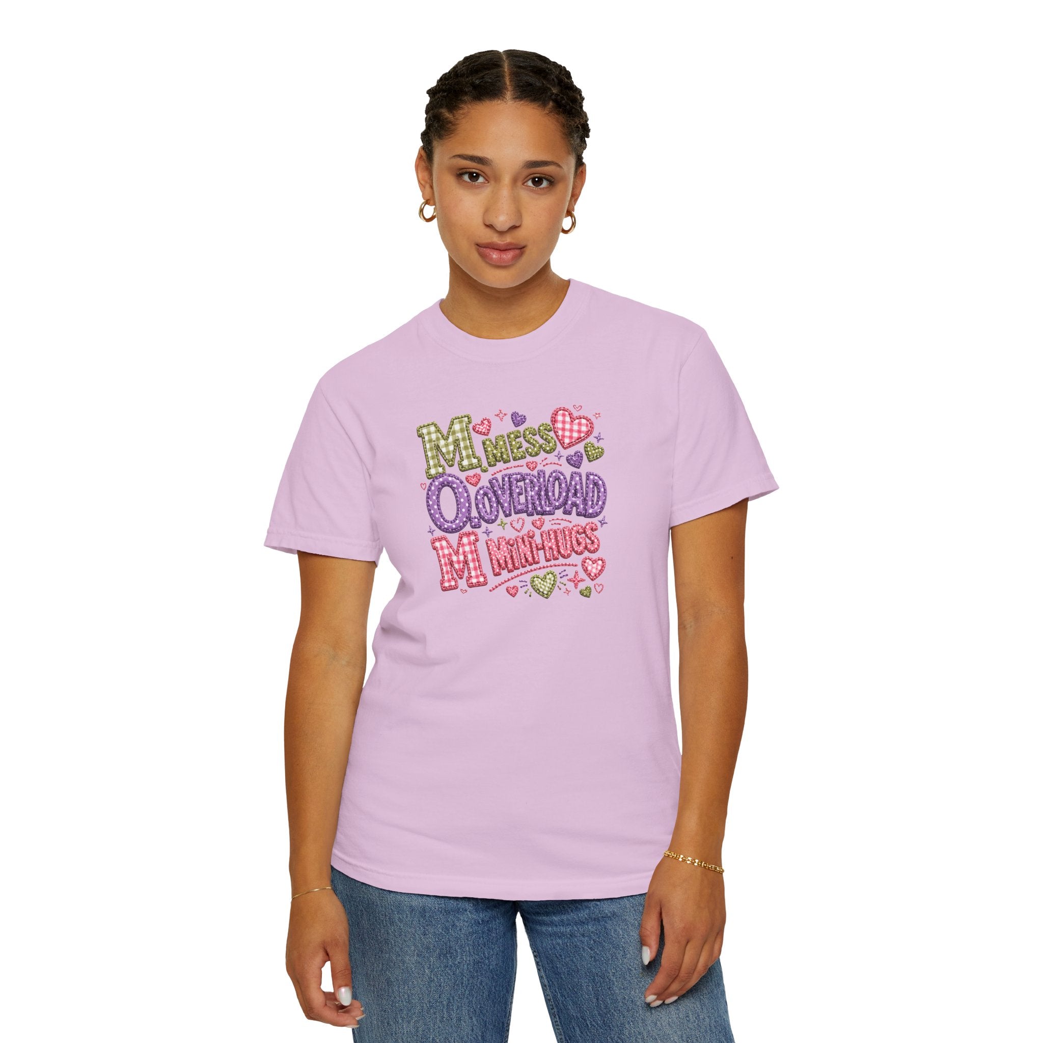 Mess, Overload, Mini-Hugs Hugs T-Shirt — Cute Hand-Lettered Mom Vibes Tee