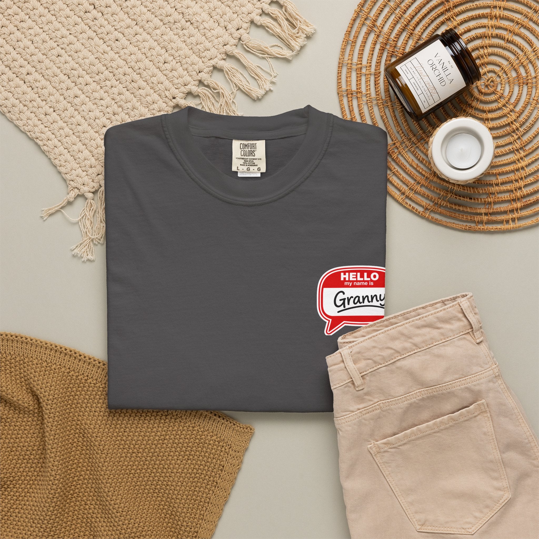T-Shirt — "Hello Granny" Retro Name Tag Tee