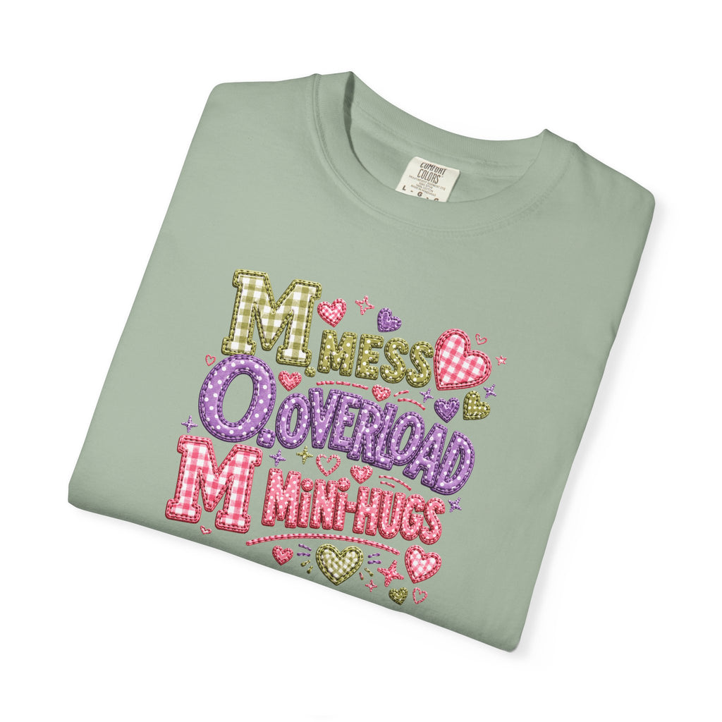 Mess, Overload, Mini-Hugs Hugs T-Shirt — Cute Hand-Lettered Mom Vibes Tee