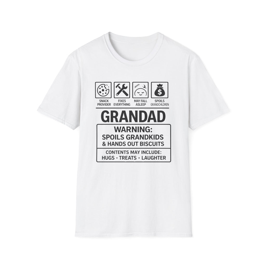 Grandad Warning T-Shirt — 'Warning: Spoils Grandkids & Hands Out Biscuits' Funny Grandpa Shirt