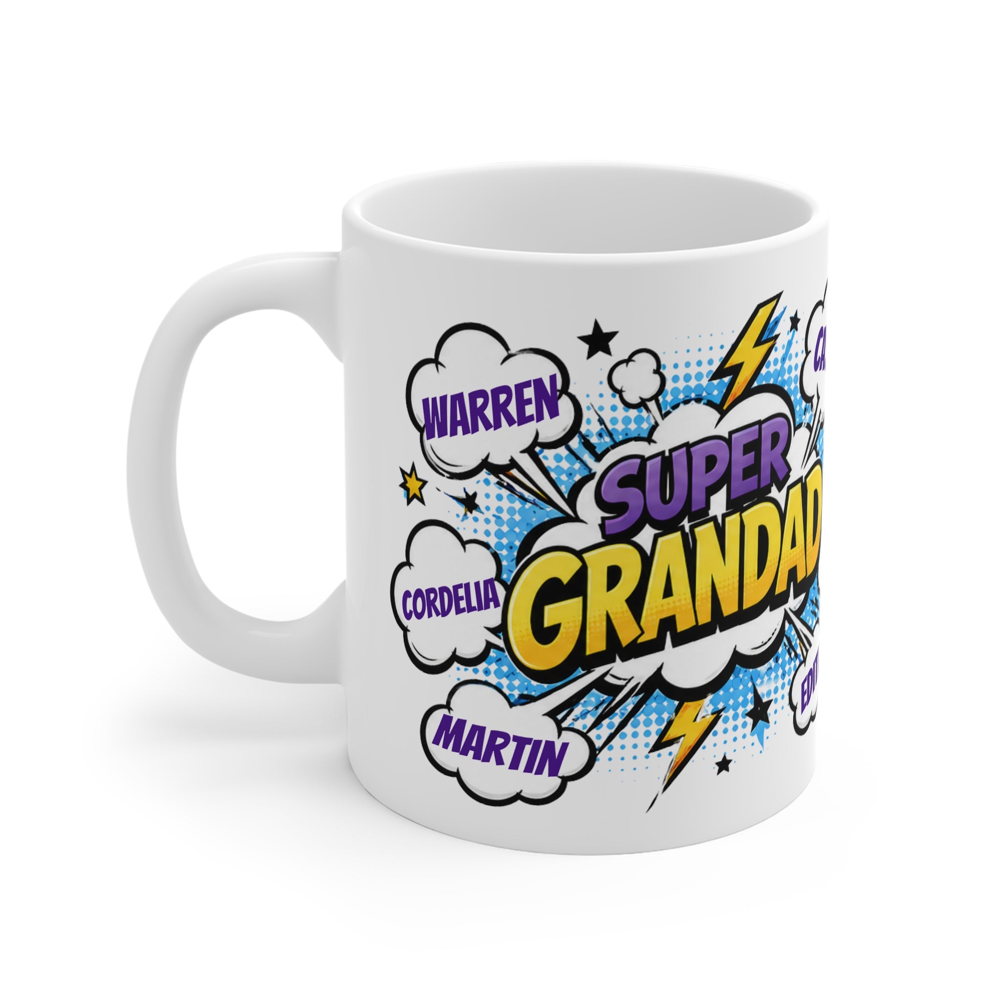 Super Grandad Comic-Style Personalized Mug — Custom Names Gift