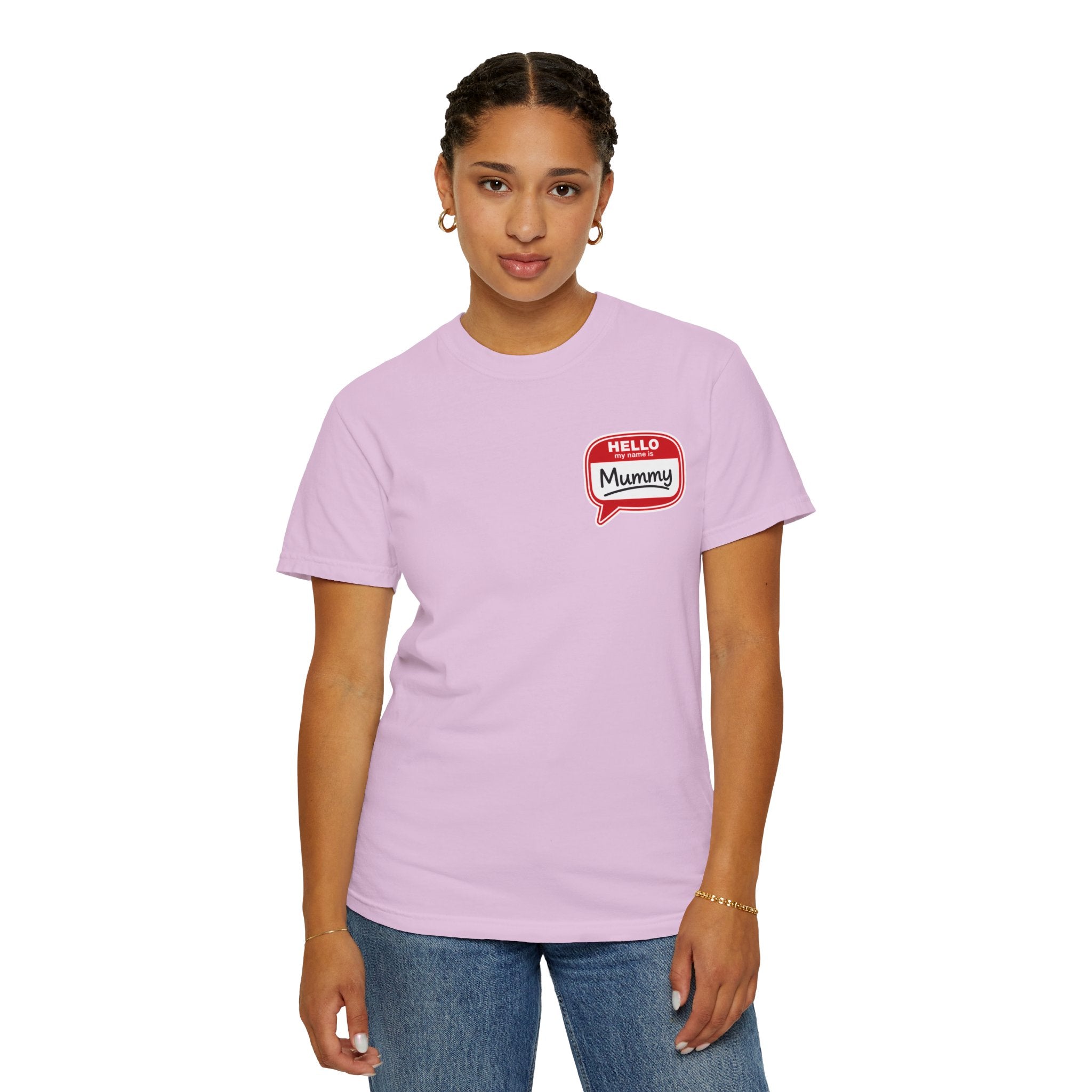 T-Shirt — "Hello Mummy" Retro Name-Tag Graphic