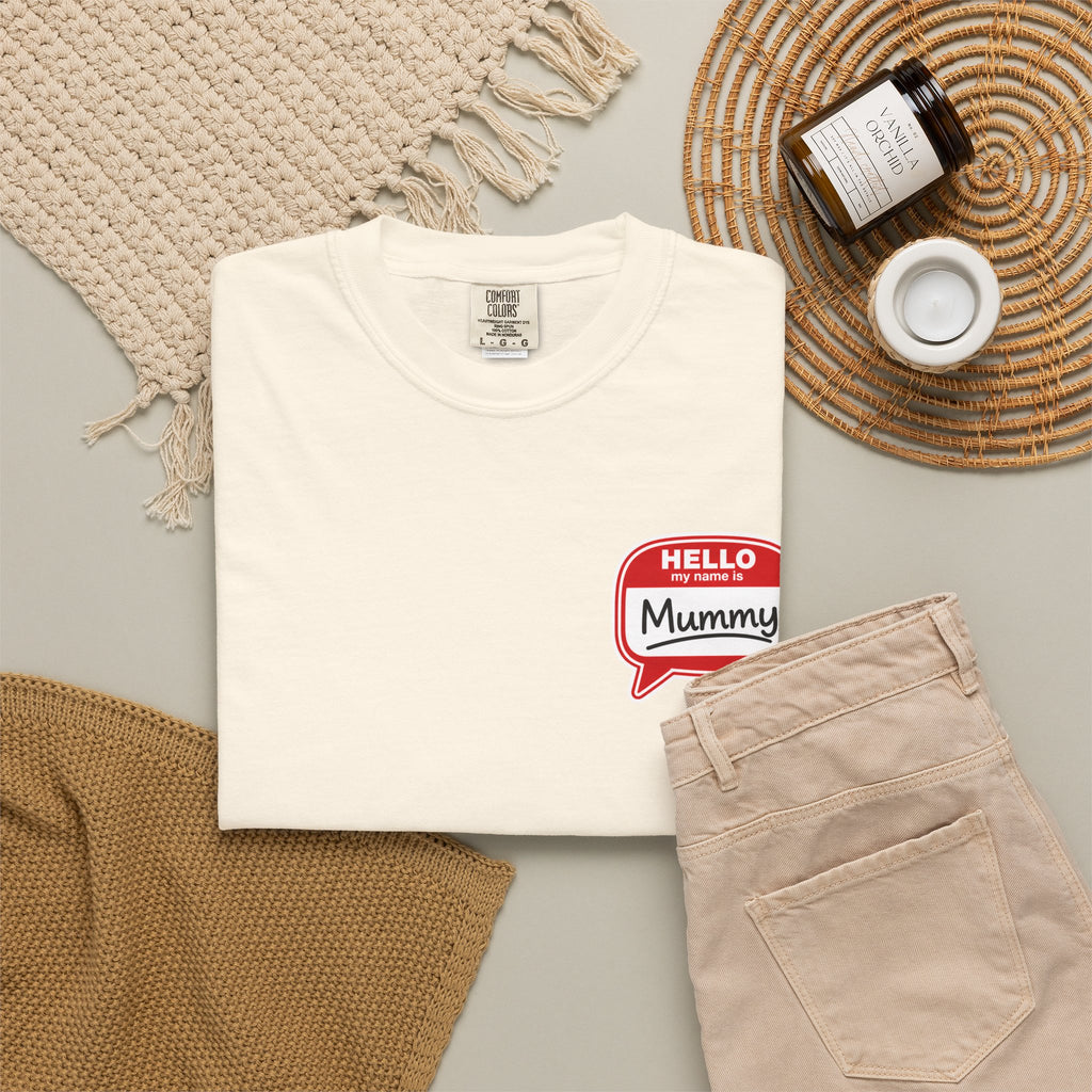T-Shirt — "Hello Mummy" Retro Name-Tag Graphic