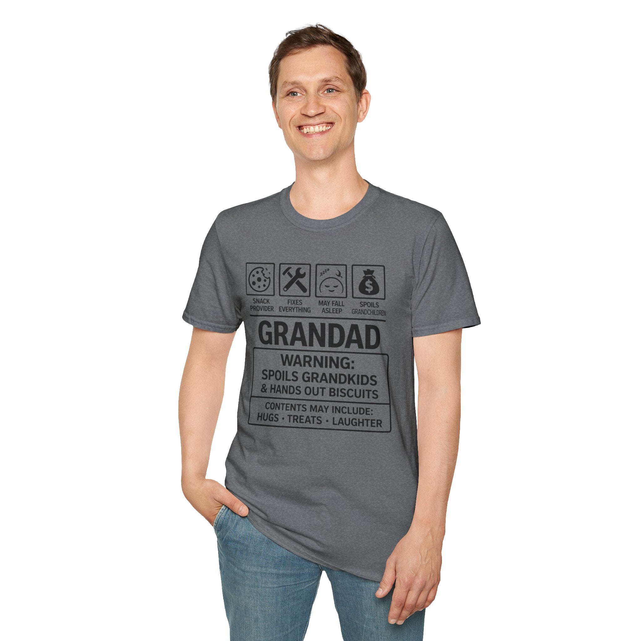 Grandad Warning T-Shirt — 'Warning: Spoils Grandkids & Hands Out Biscuits' Funny Grandpa Shirt