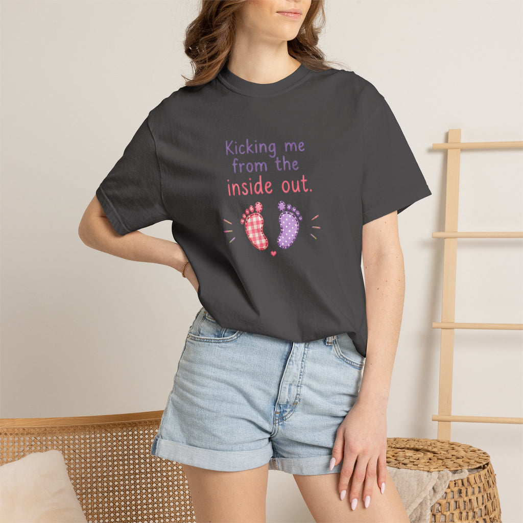 Pregnancy T-Shirt "Kicking Me From the Inside Out" — Cute Baby Footprint Maternity Tee