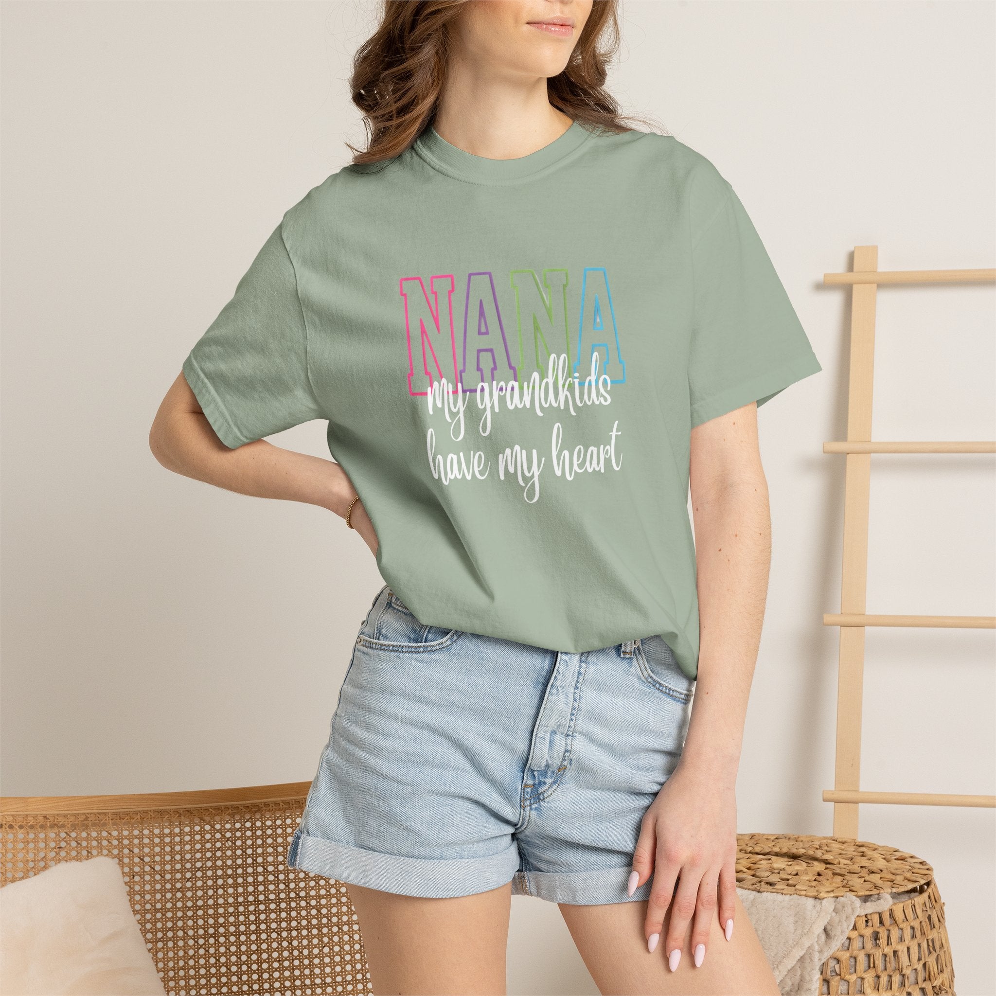 Nana Pastel Rainbow Tee — 'NANA' Floral Outline Grandma T-Shirt