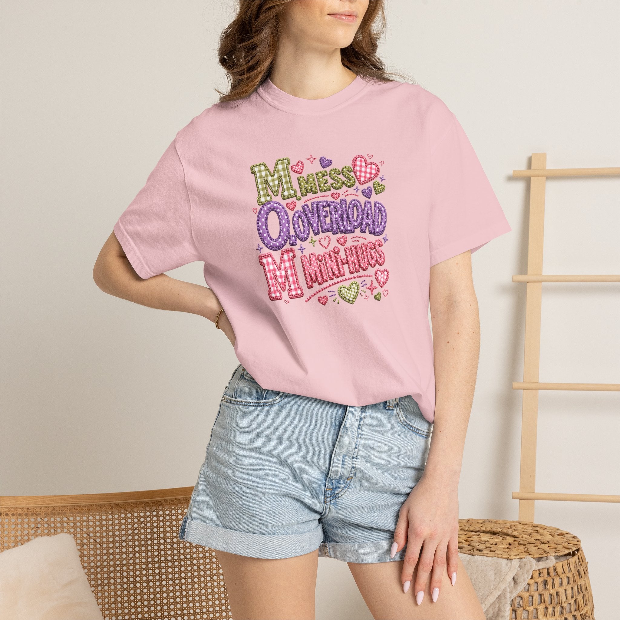 Mess, Overload, Mini-Hugs Hugs T-Shirt — Cute Hand-Lettered Mom Vibes Tee