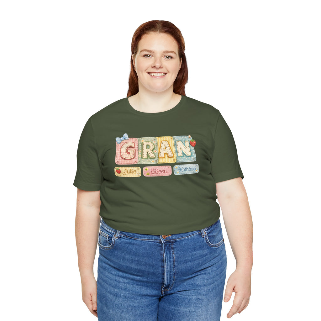 Gran Retro Patch Tee — Personalized 'Gran' Name Blocks Short Sleeve Shirt