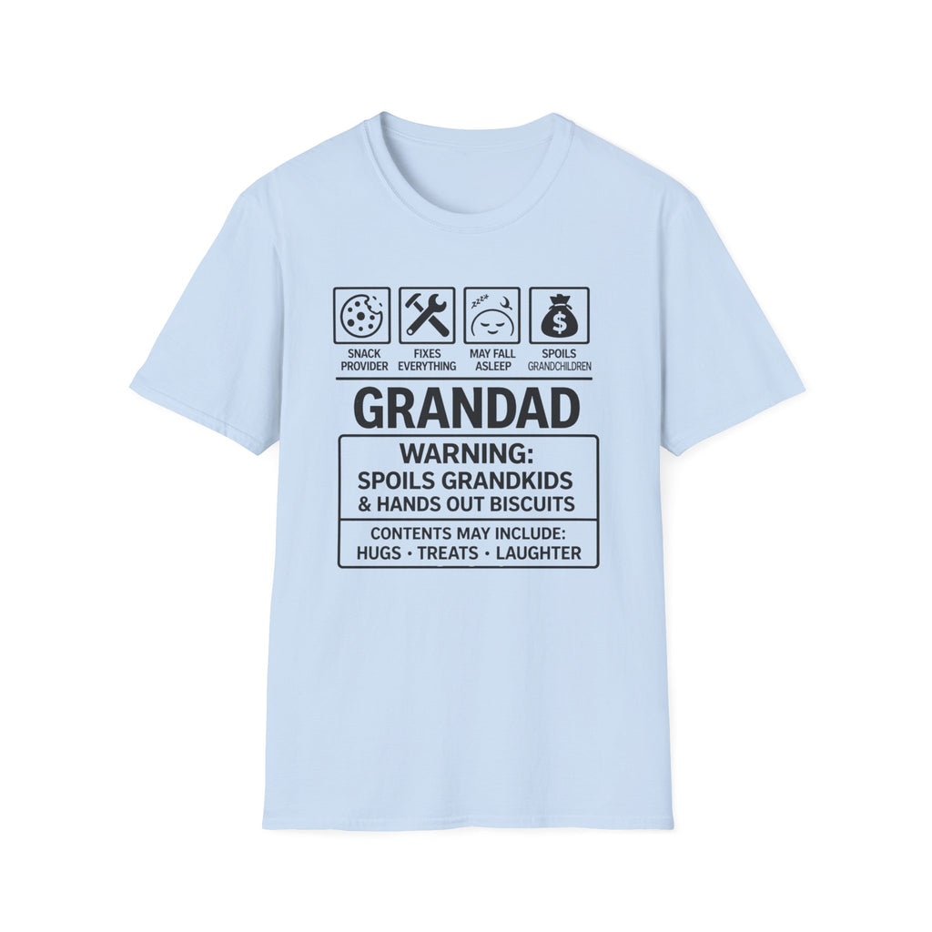 Grandad Warning T-Shirt — 'Warning: Spoils Grandkids & Hands Out Biscuits' Funny Grandpa Shirt