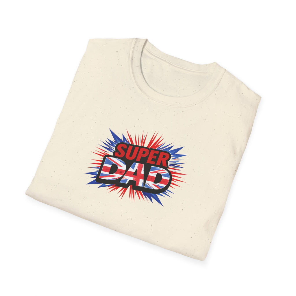 Super Dad T-Shirt – Union Jack Flag pattern Retro Comic Father’s Day Tee