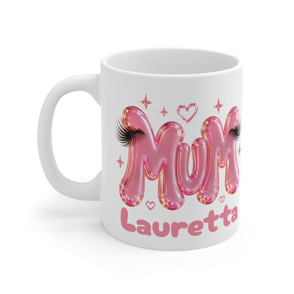 MUM Personalised Pink Balloon Eyelashes Mug