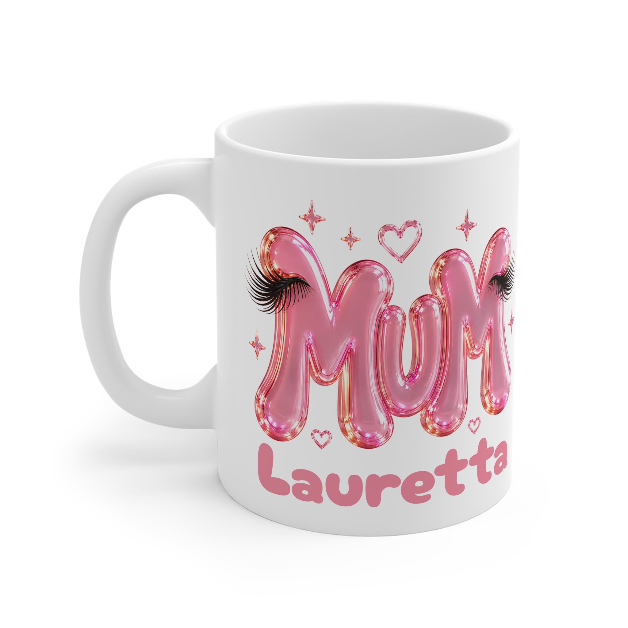 MUM Personalised Pink Balloon Eyelashes Mug