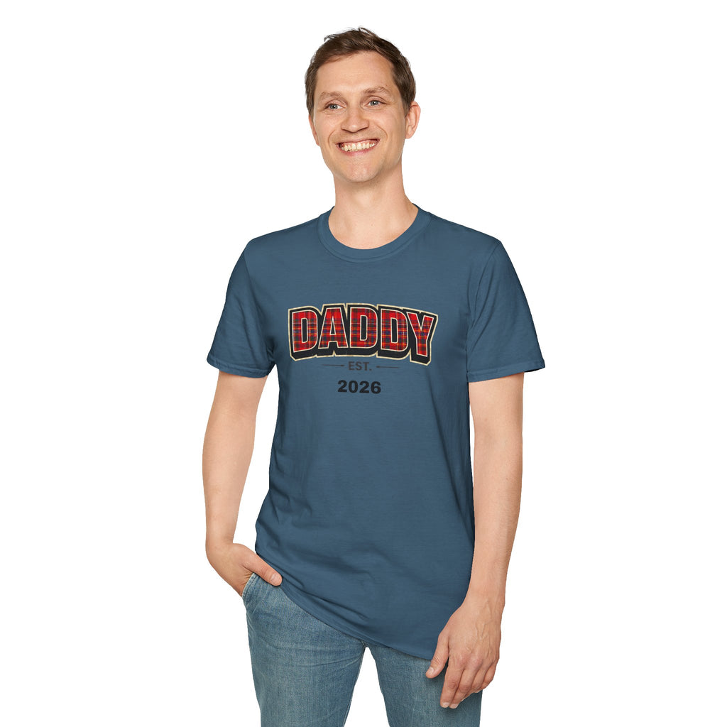 Daddy Est. 2026 T-Shirt — Plaid Dad Announcement Tee