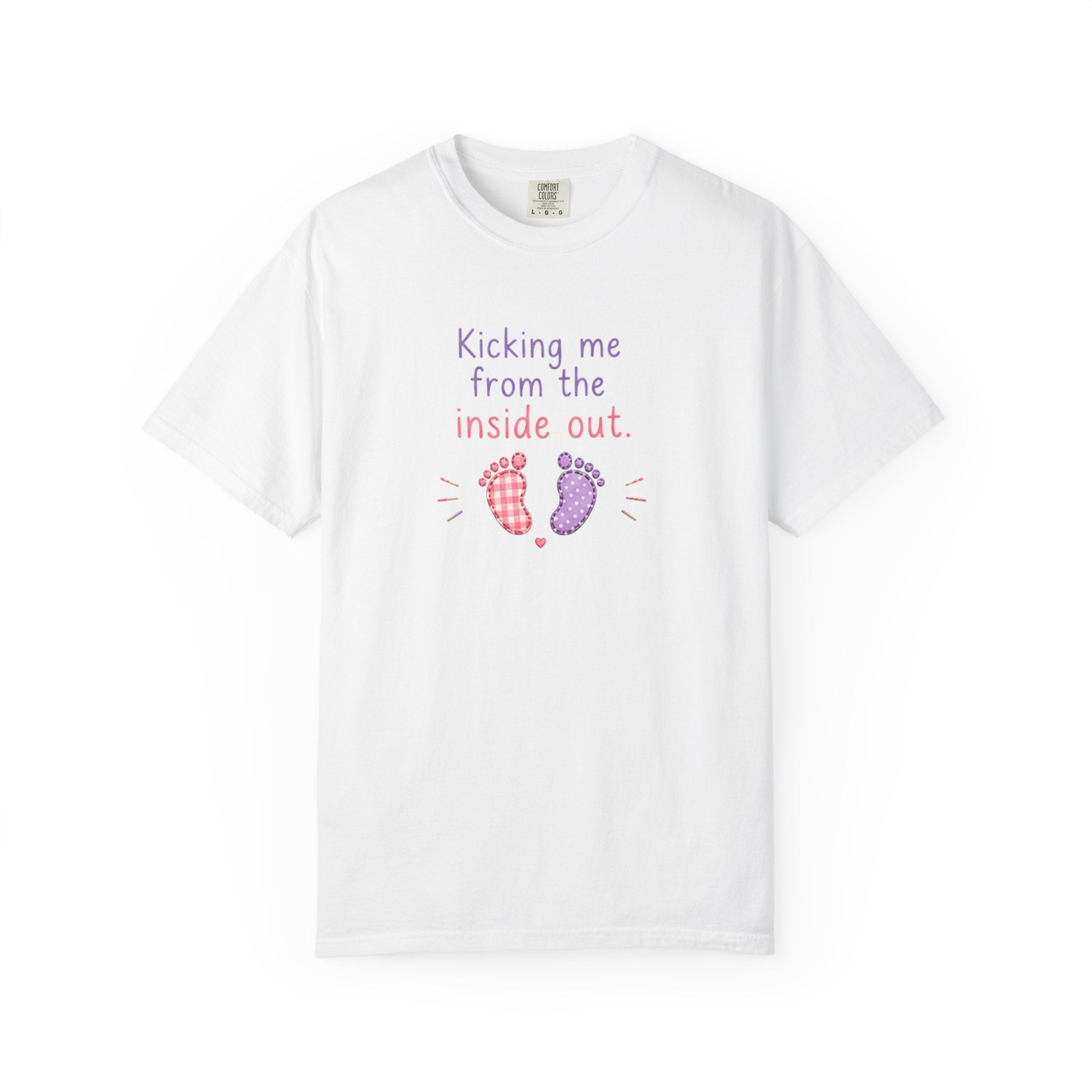 Pregnancy T-Shirt "Kicking Me From the Inside Out" — Cute Baby Footprint Maternity Tee