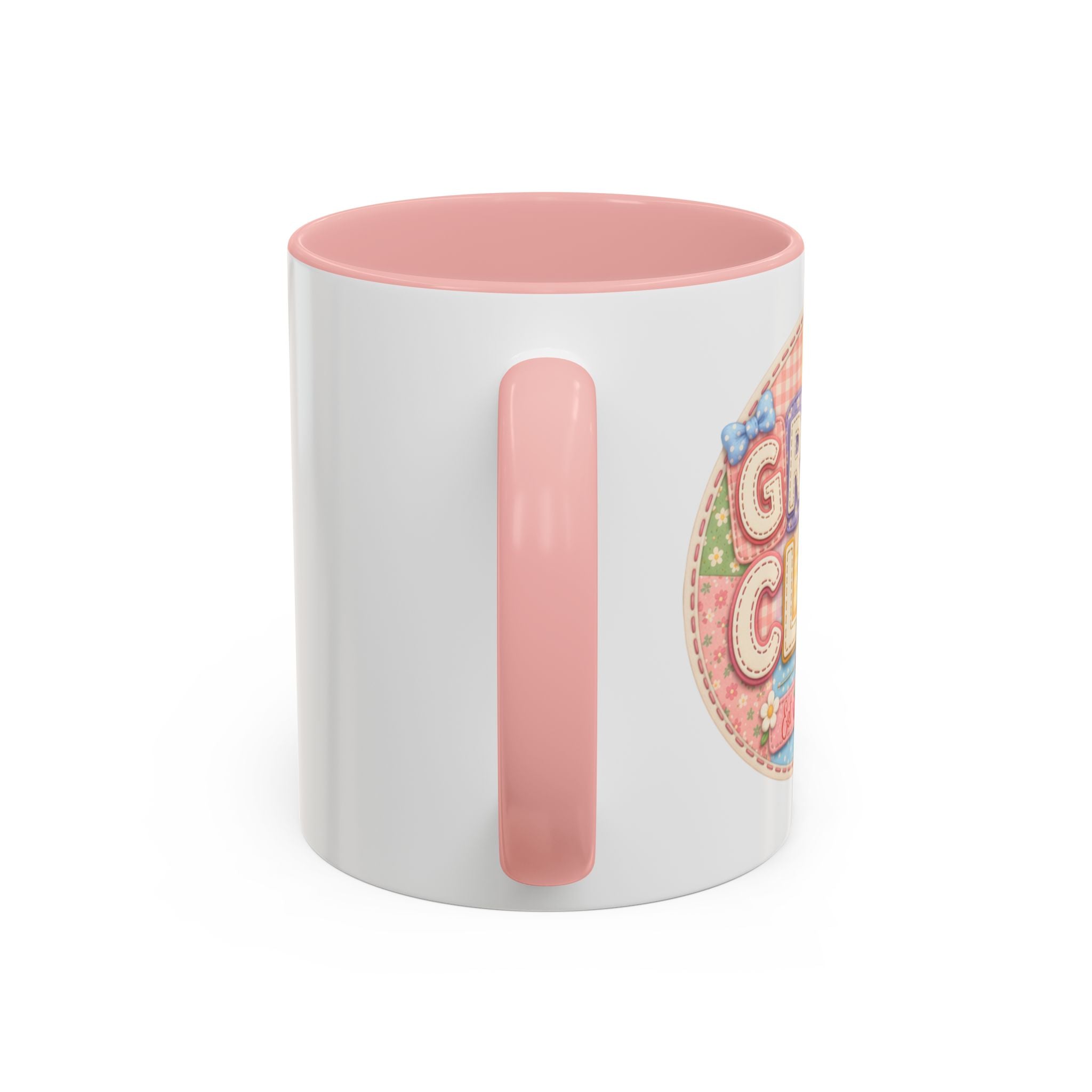 Pink Accent Coffee Mug — Cute Floral "Gran Club" Retro Badge Design