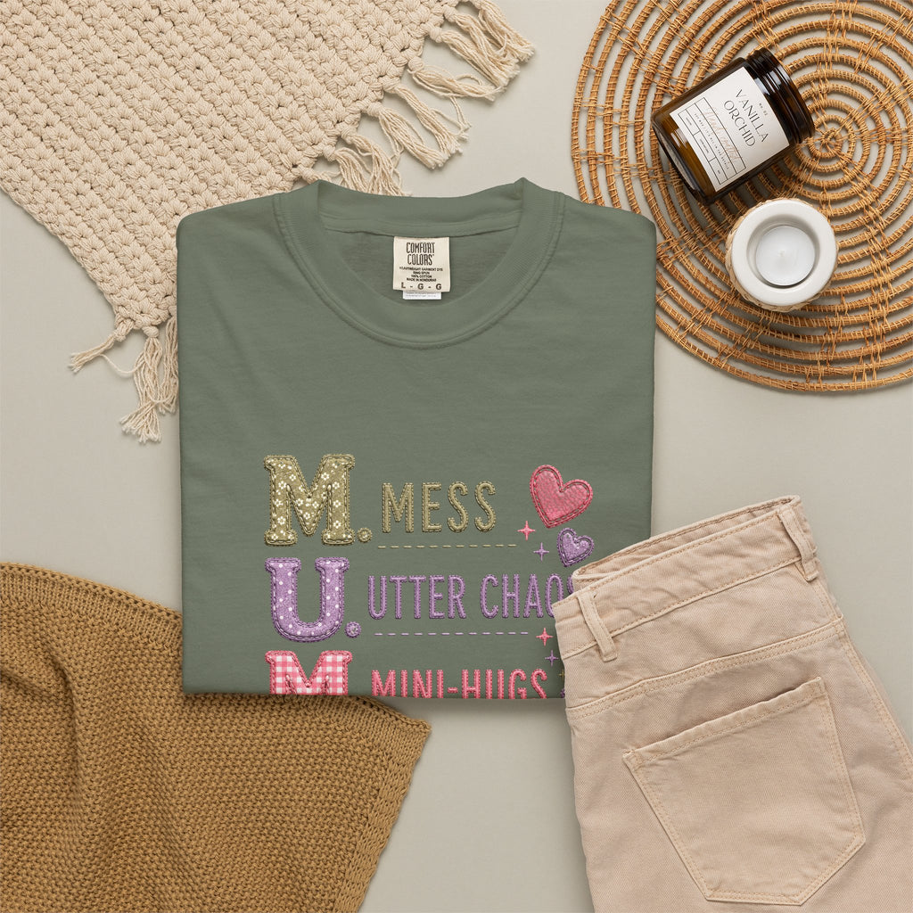 Mom Acronym T-Shirt — "M.U.M. Mess, Utter Chaos, Mini-Hugs" Cute Mom Graphic Tee