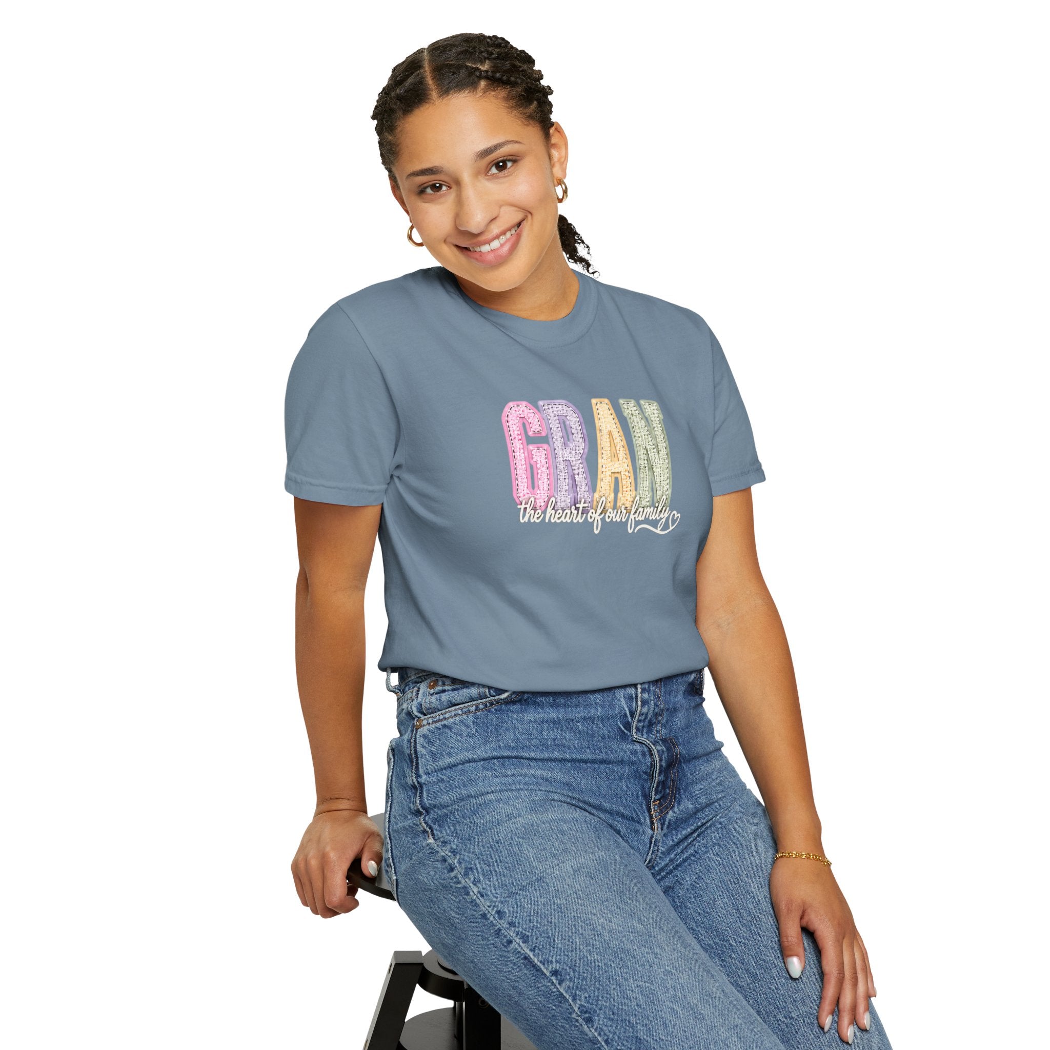Gran Floral Script T-Shirt — "the heart of my family" Sage Garment-Dyed Tee