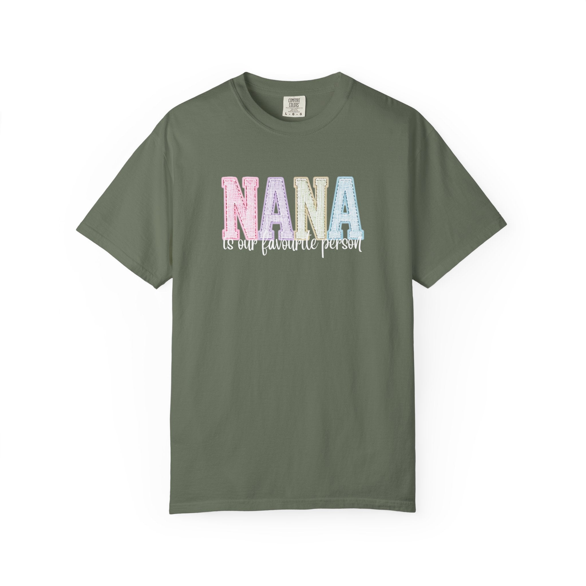 Nana Pastel Patchwork Tee — Soft White "NANA" Graphic T-Shirt for Grandmothers