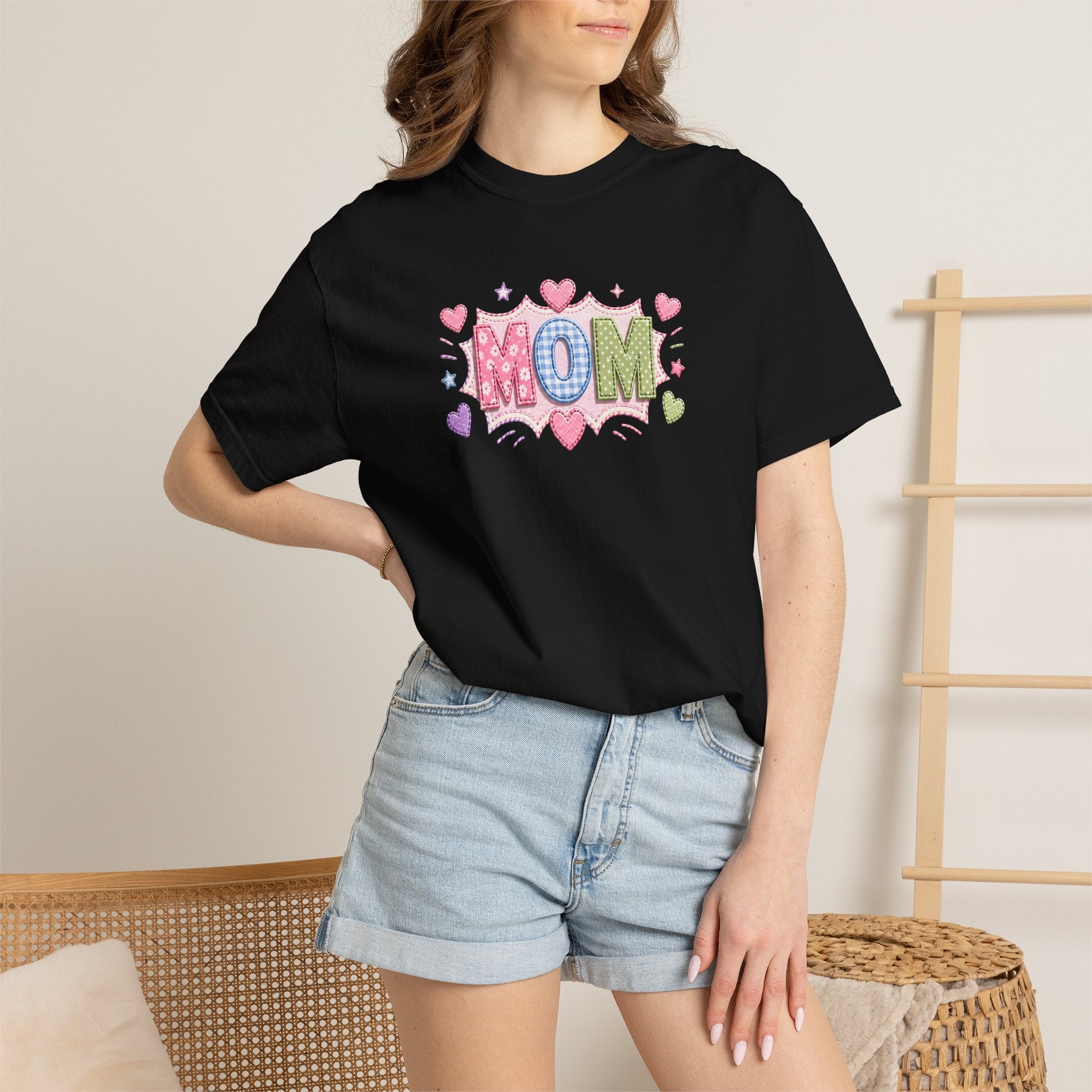 Mom Hearts T‑Shirt — Cute Pastel "MOM" Graphic Tee for Mother's Day & Everyday