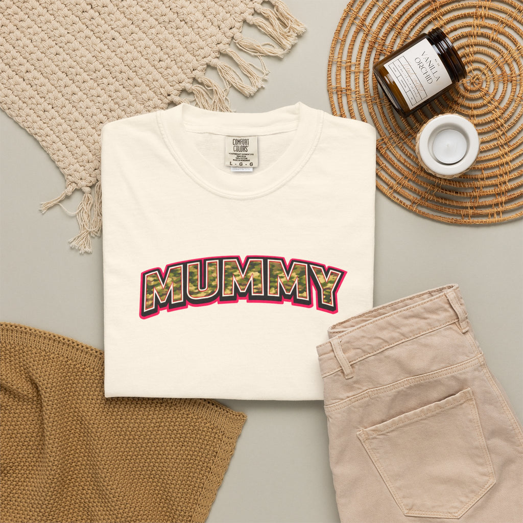 MUMMY Camo Script T-Shirt — Vintage Comic Style Mommy Tee