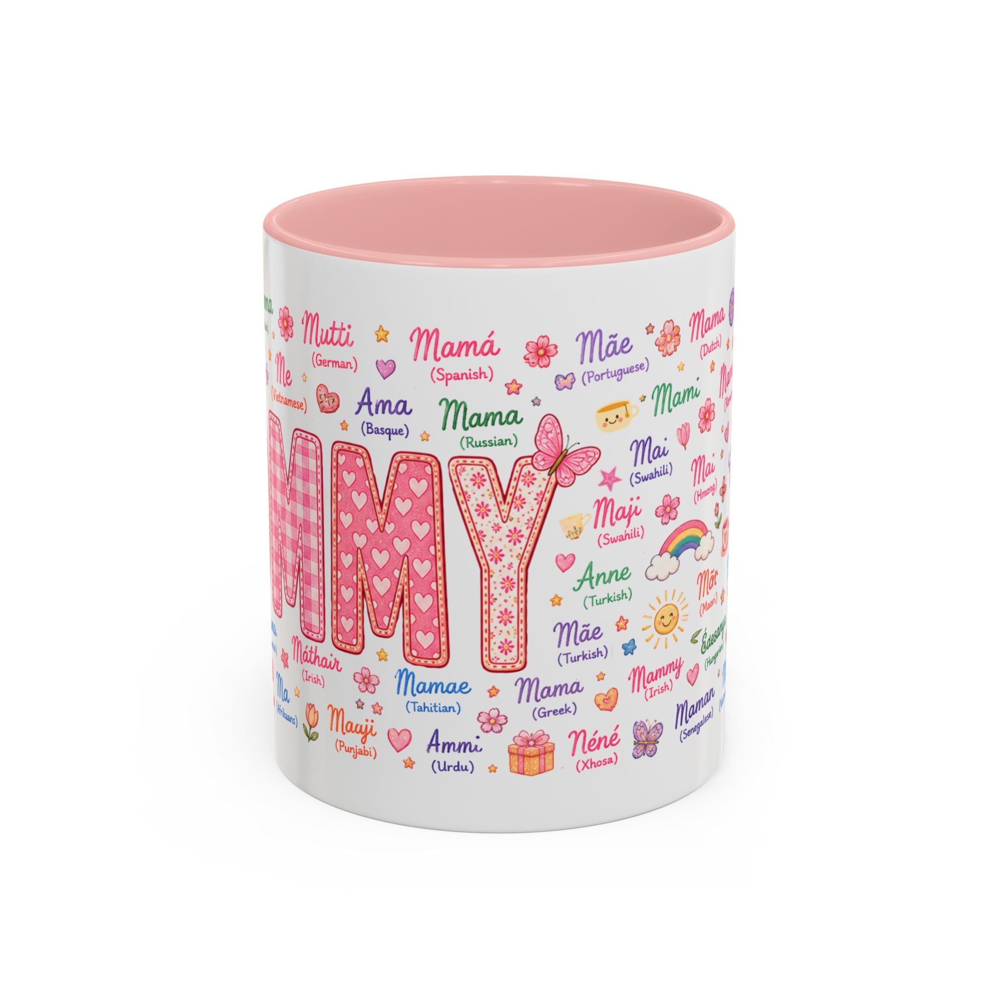 "MOMMY" Accent Coffee Mug – Multilingual 'Mom' Floral Pink 11/15oz