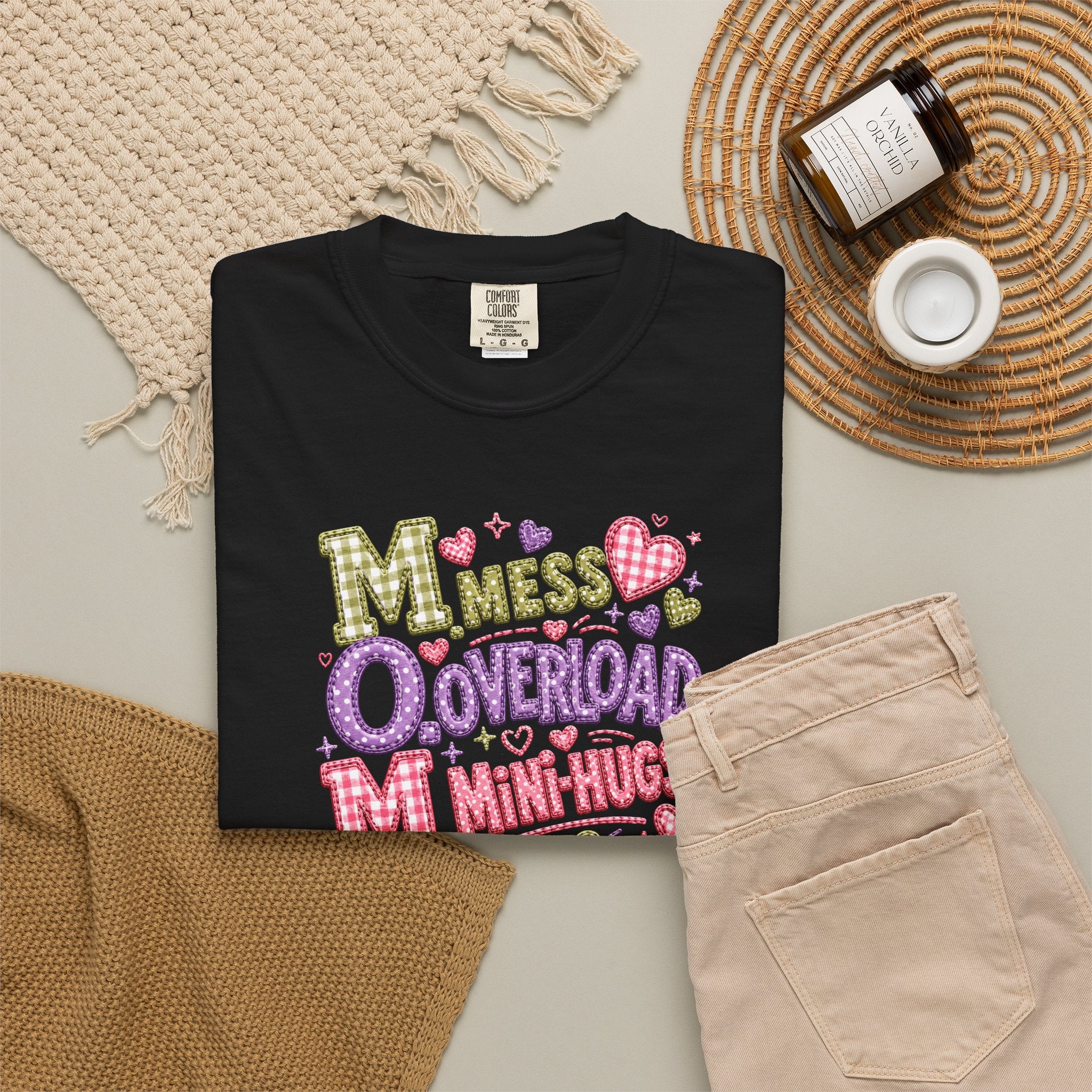 Mess, Overload, Mini-Hugs Hugs T-Shirt — Cute Hand-Lettered Mom Vibes Tee