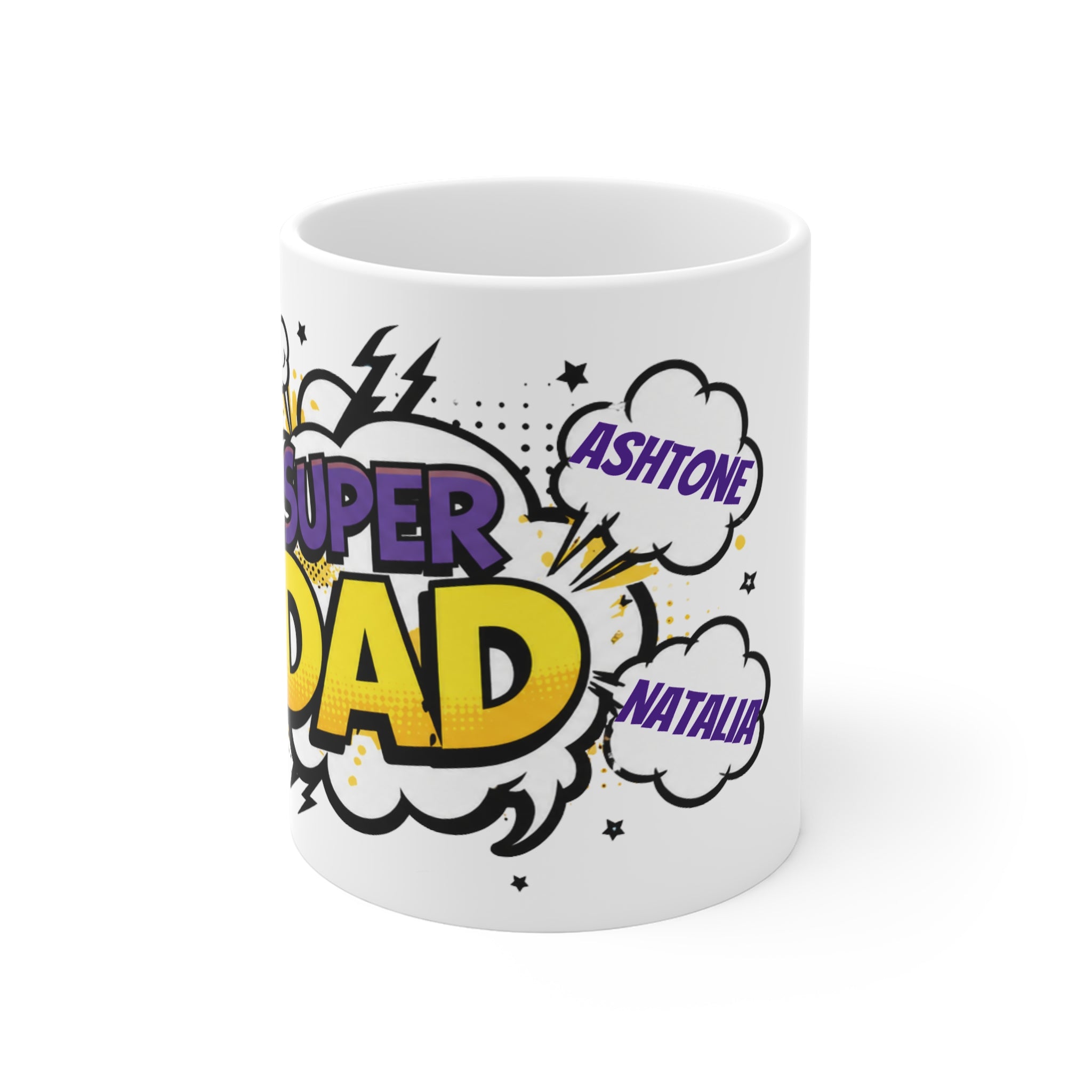 Super Dad Comic-Style 11oz Coffee Mug — Personalized Names (e.g., Warren, Cordelia)
