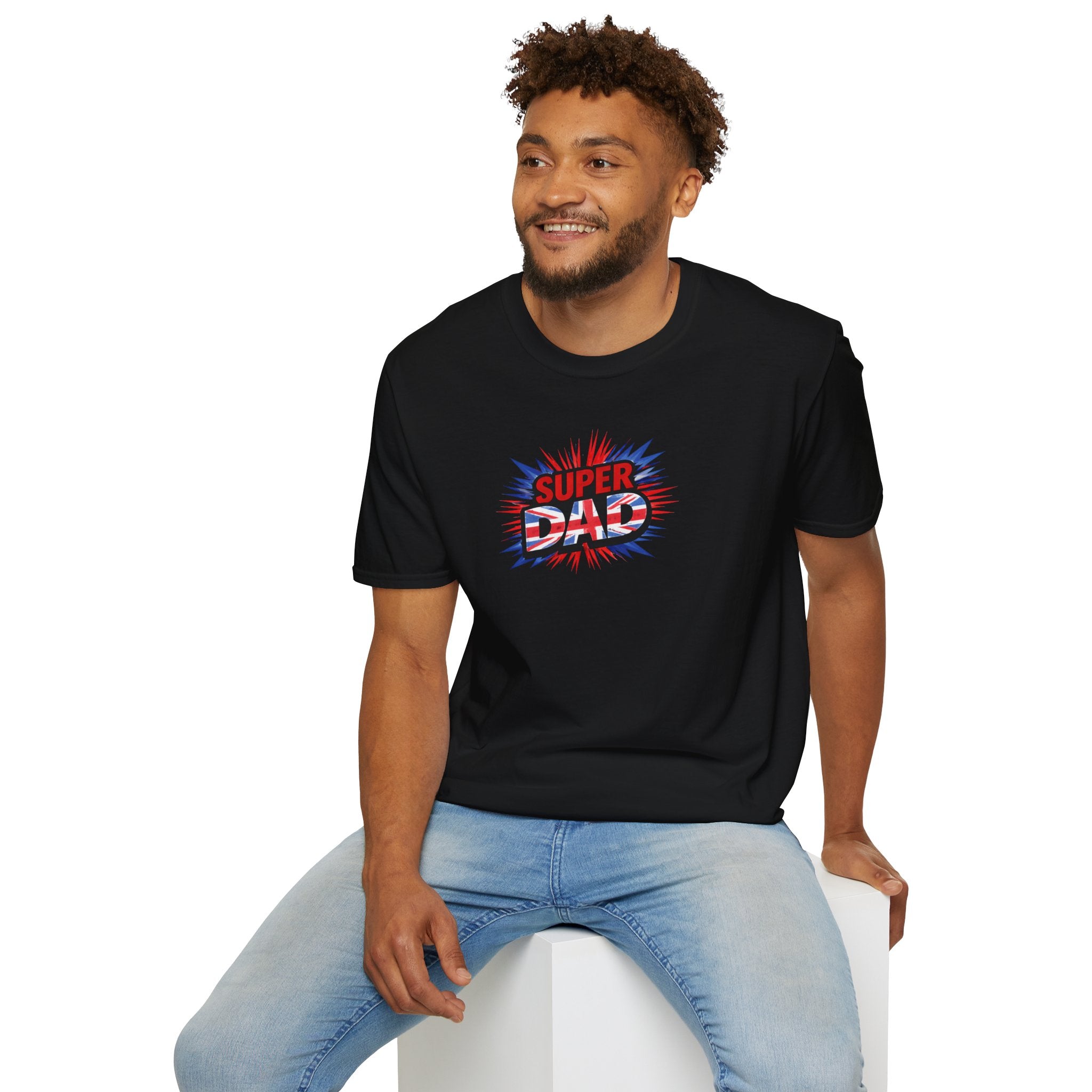 Super Dad T-Shirt – Union Jack Flag pattern Retro Comic Father’s Day Tee