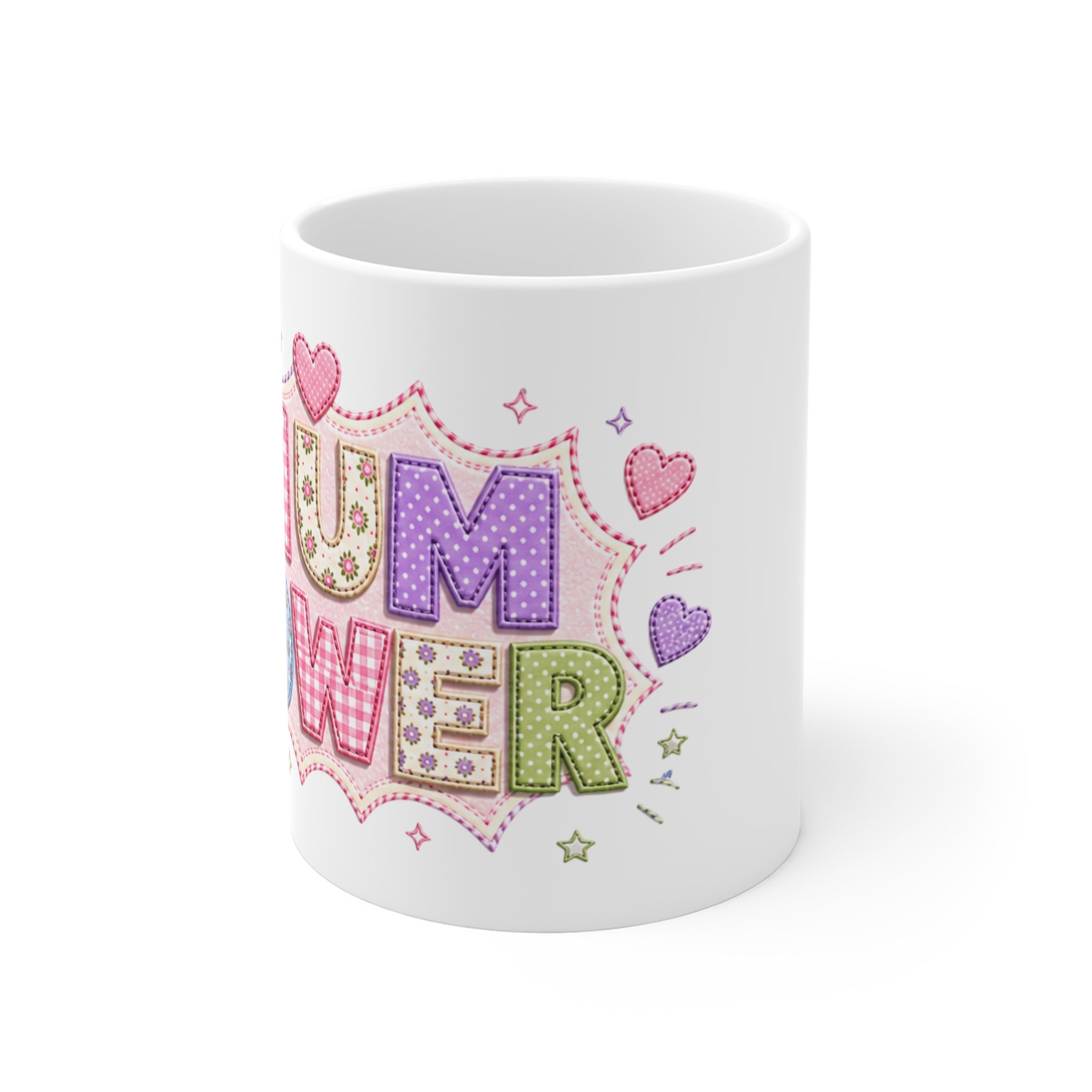 Mug - 'Mum Power' Colorful Patchwork Hearts Coffee Cup
