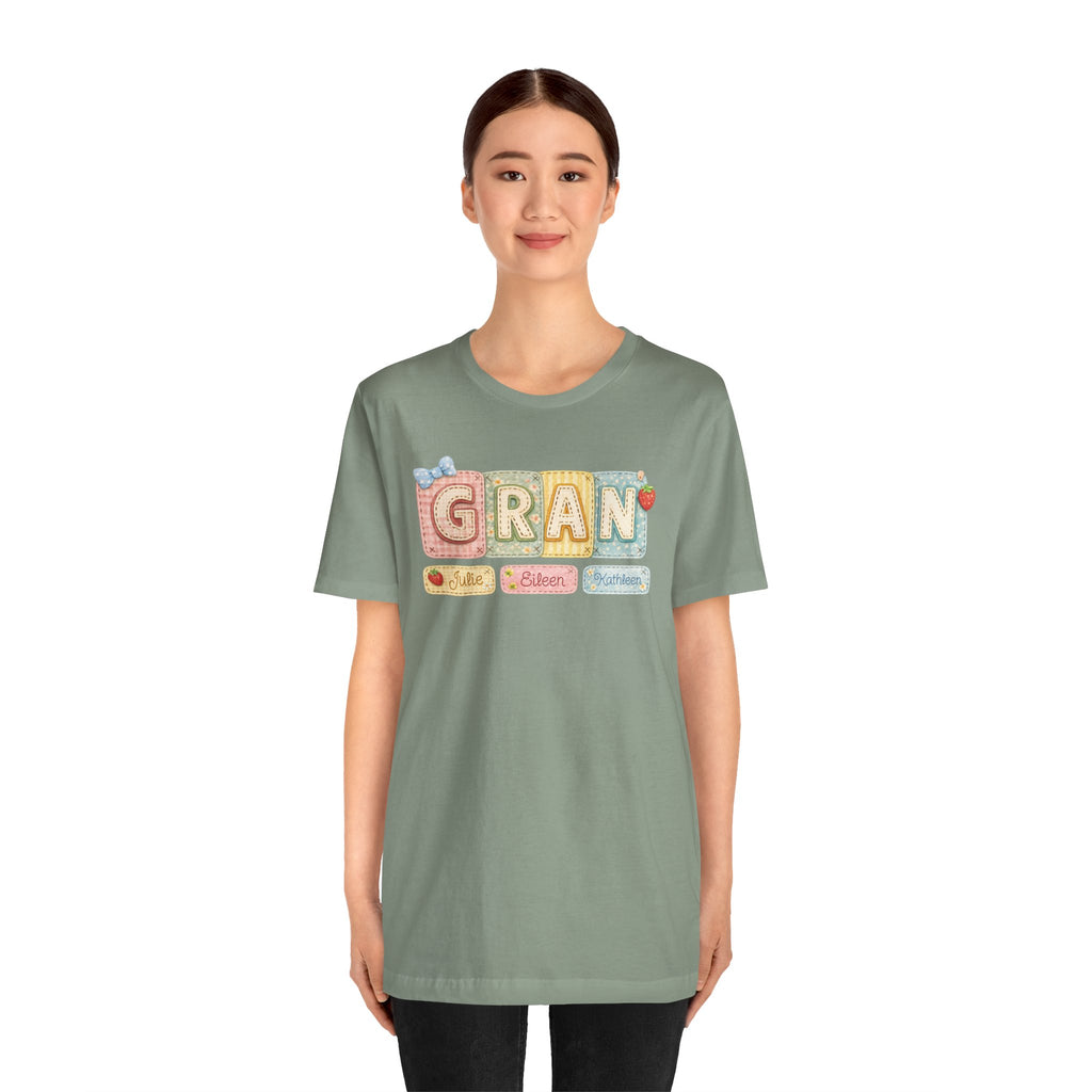 Gran Retro Patch Tee — Personalized 'Gran' Name Blocks Short Sleeve Shirt