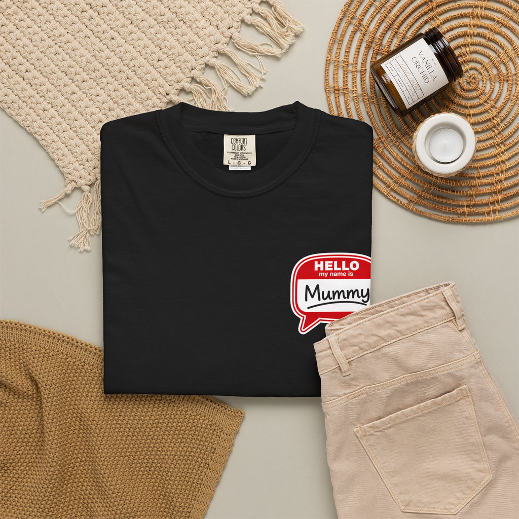 T-Shirt — "Hello Mummy" Retro Name-Tag Graphic