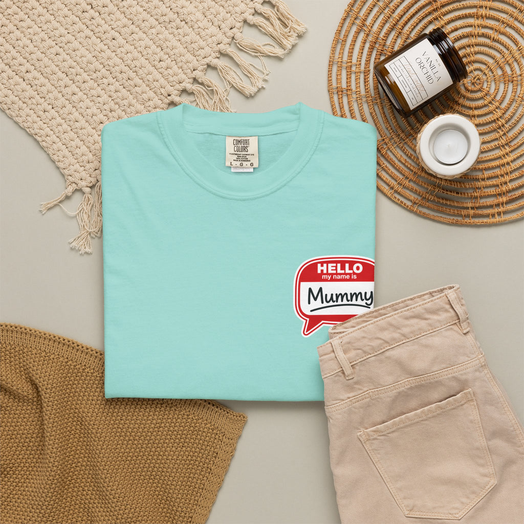 T-Shirt — "Hello Mummy" Retro Name-Tag Graphic