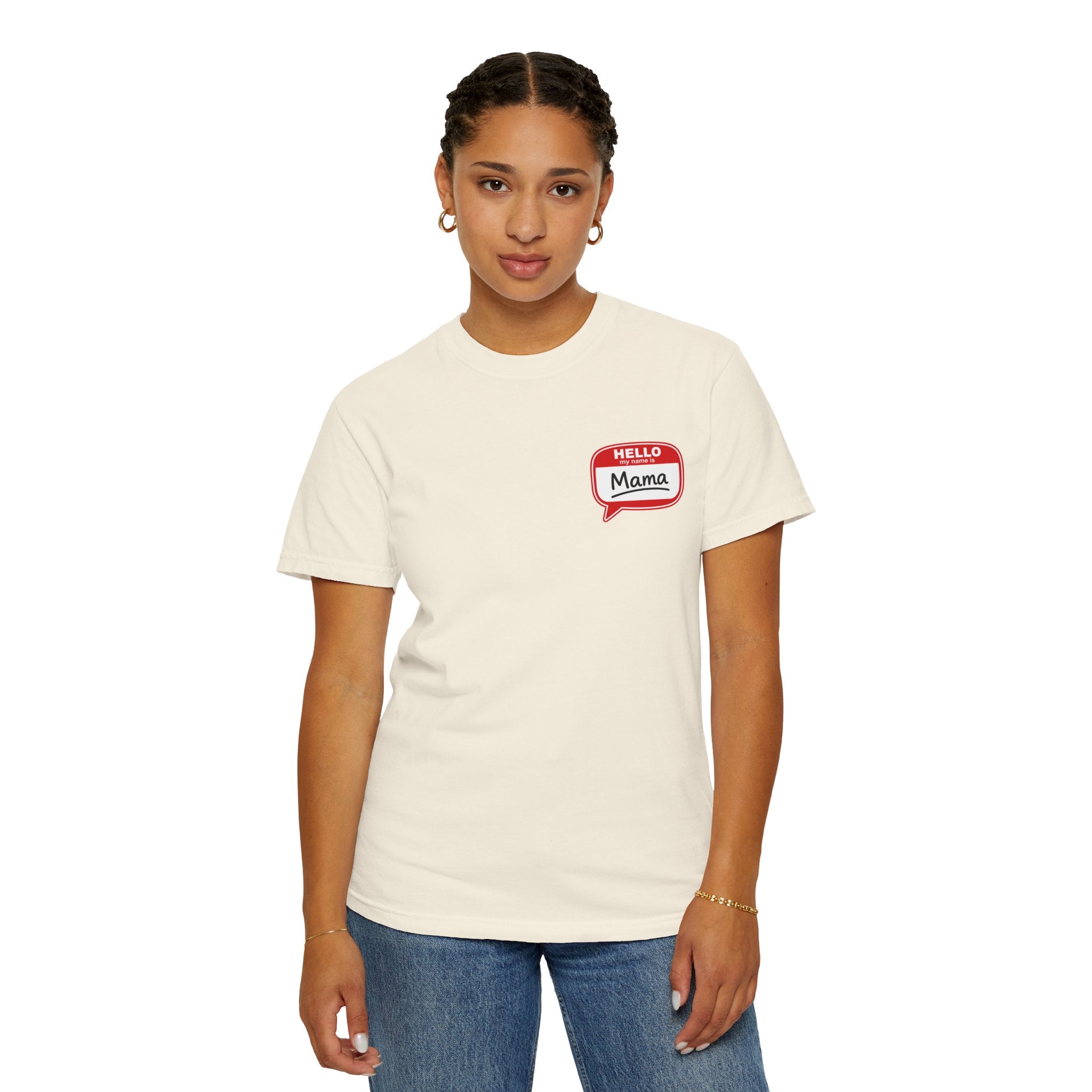 Hello Mama Pocket T‑Shirt — Cute 'Hello Mama' Name Tag Graphic Tee for New and Expecting Moms